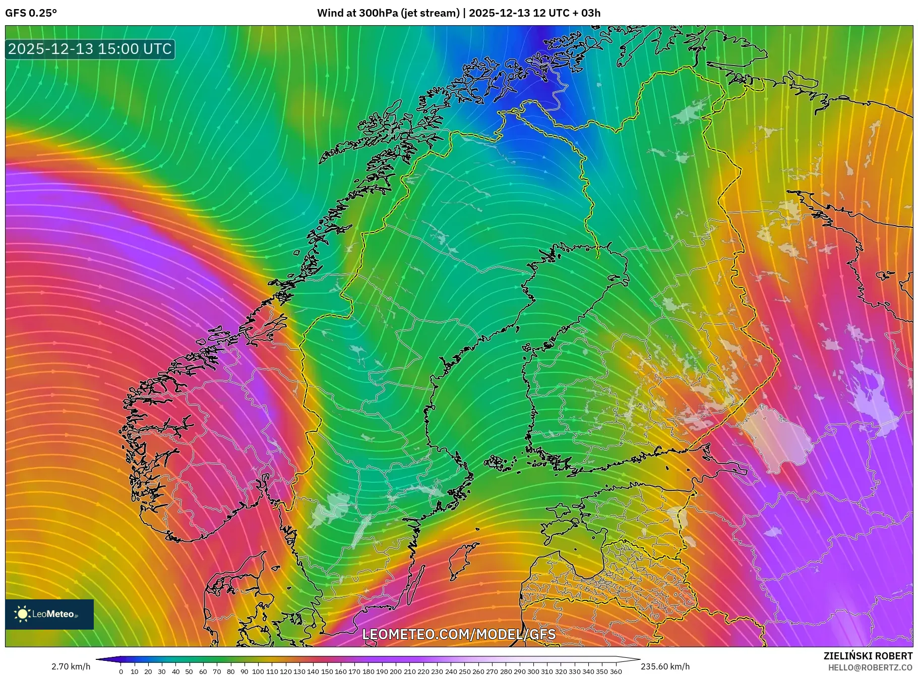 GFS model - Skandinavia, Angin 300 hPa (aliran jet)
