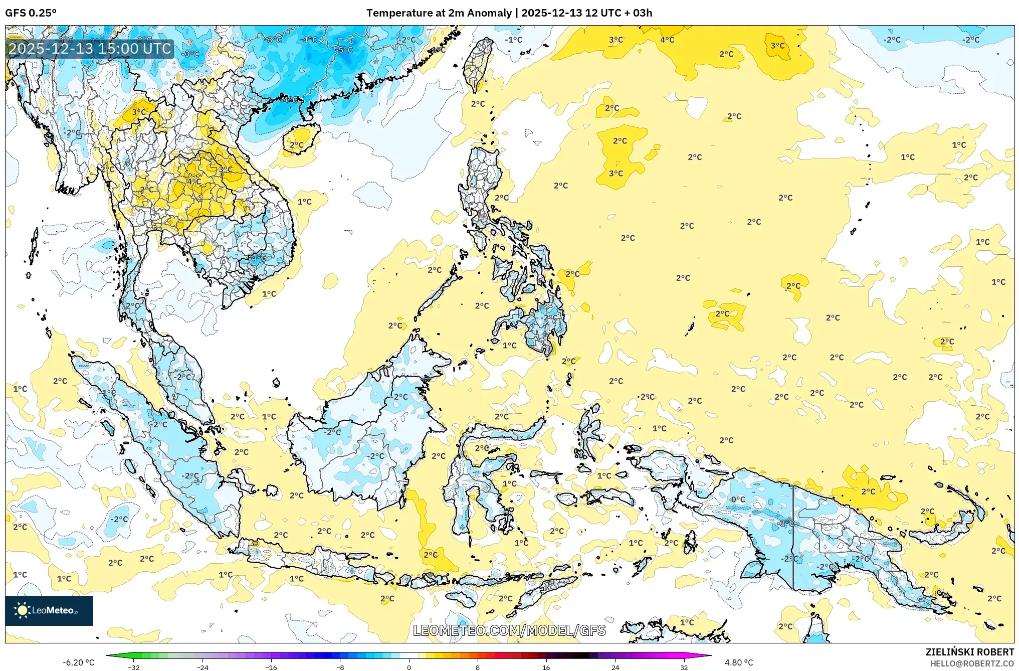GFS model - Asia Tenggara, Anomali Suhu 2 m