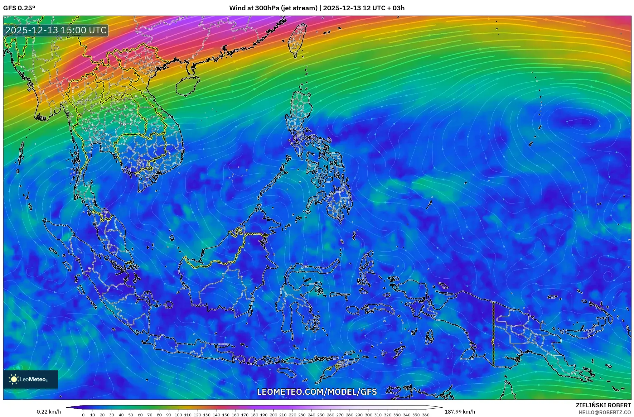 GFS model - Asia Tenggara, Angin 300 hPa (aliran jet)