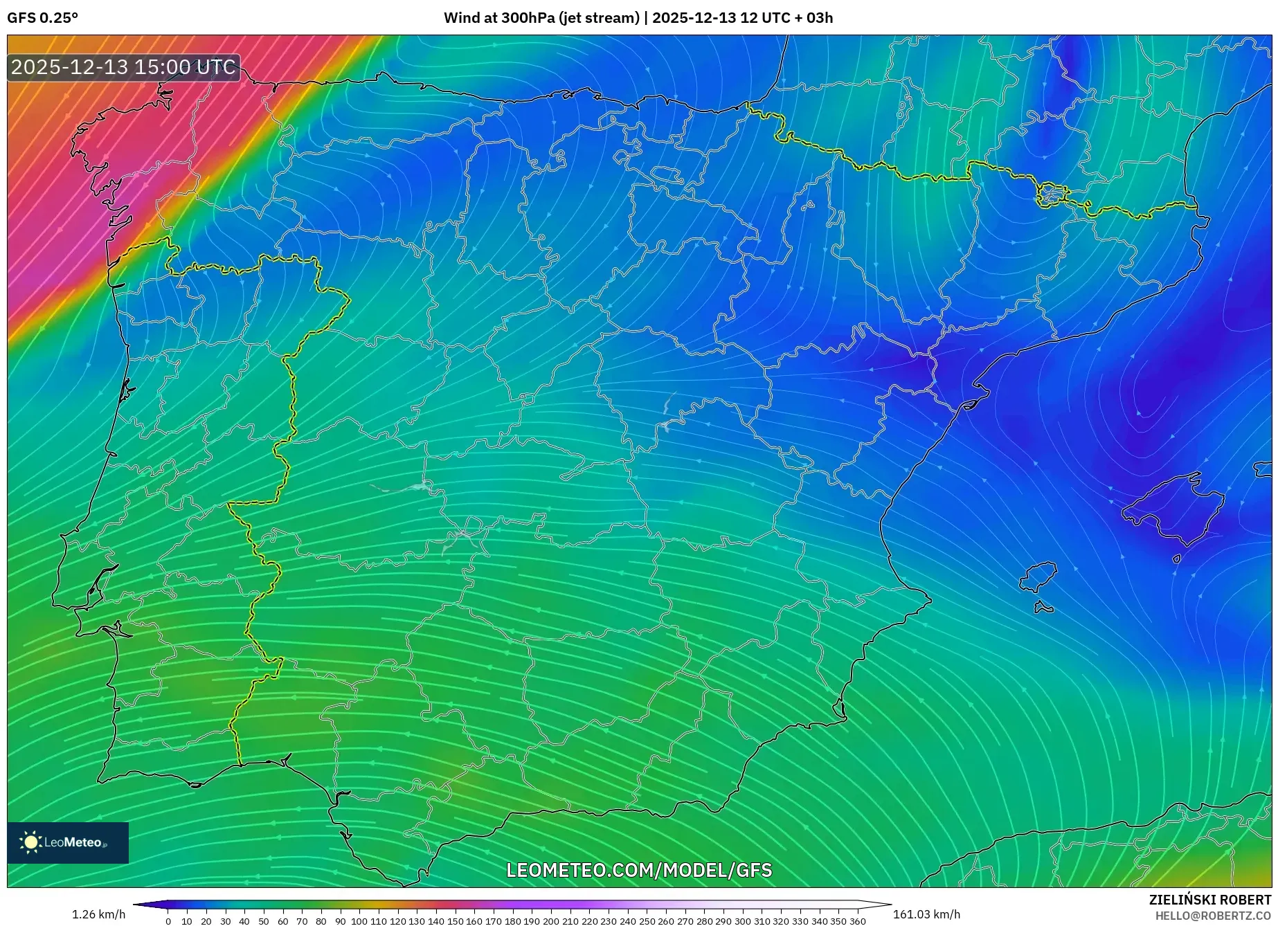 GFS model - Spanyol, Angin 300 hPa (aliran jet)