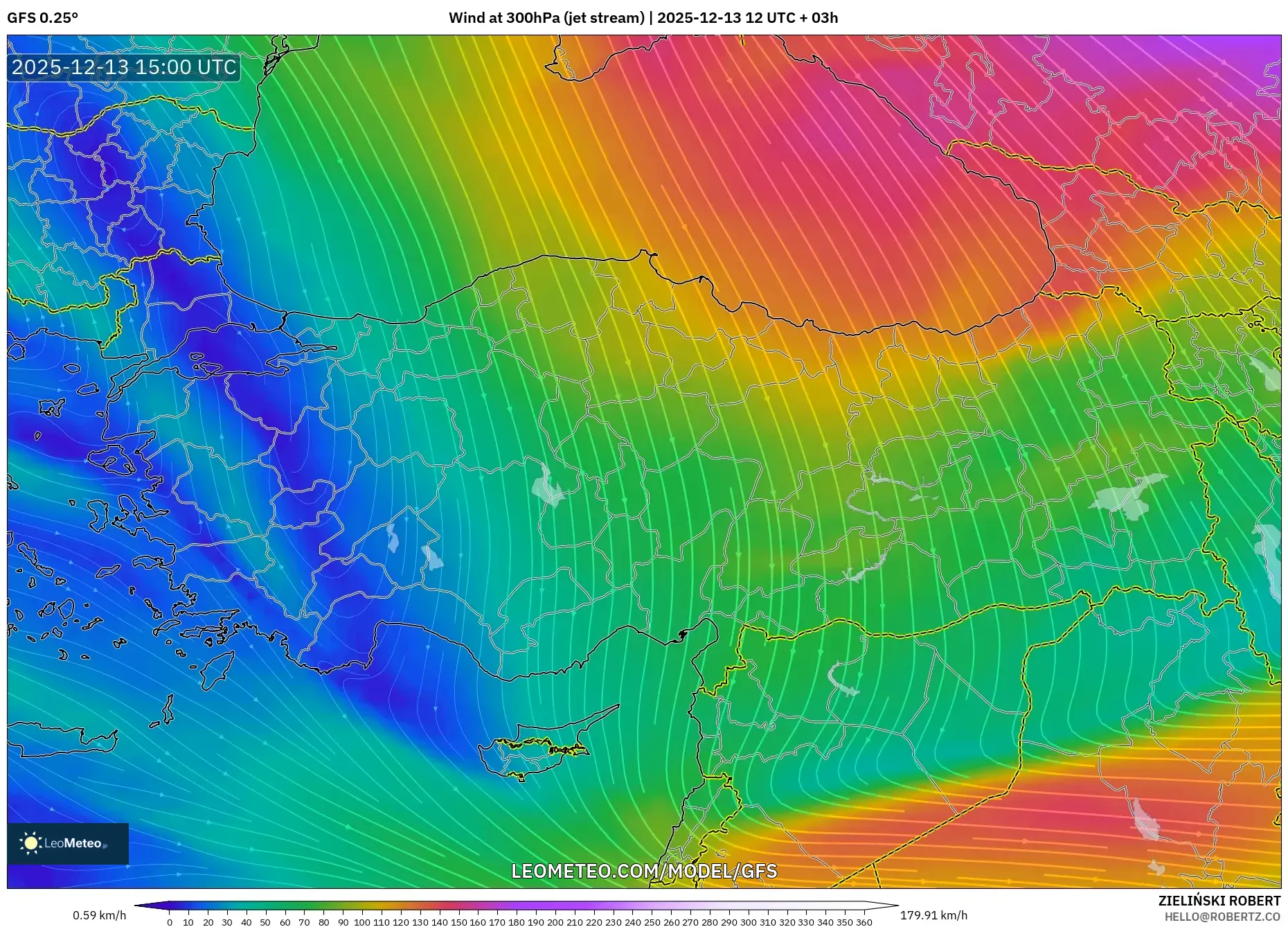 GFS model - Turki, Angin 300 hPa (aliran jet)