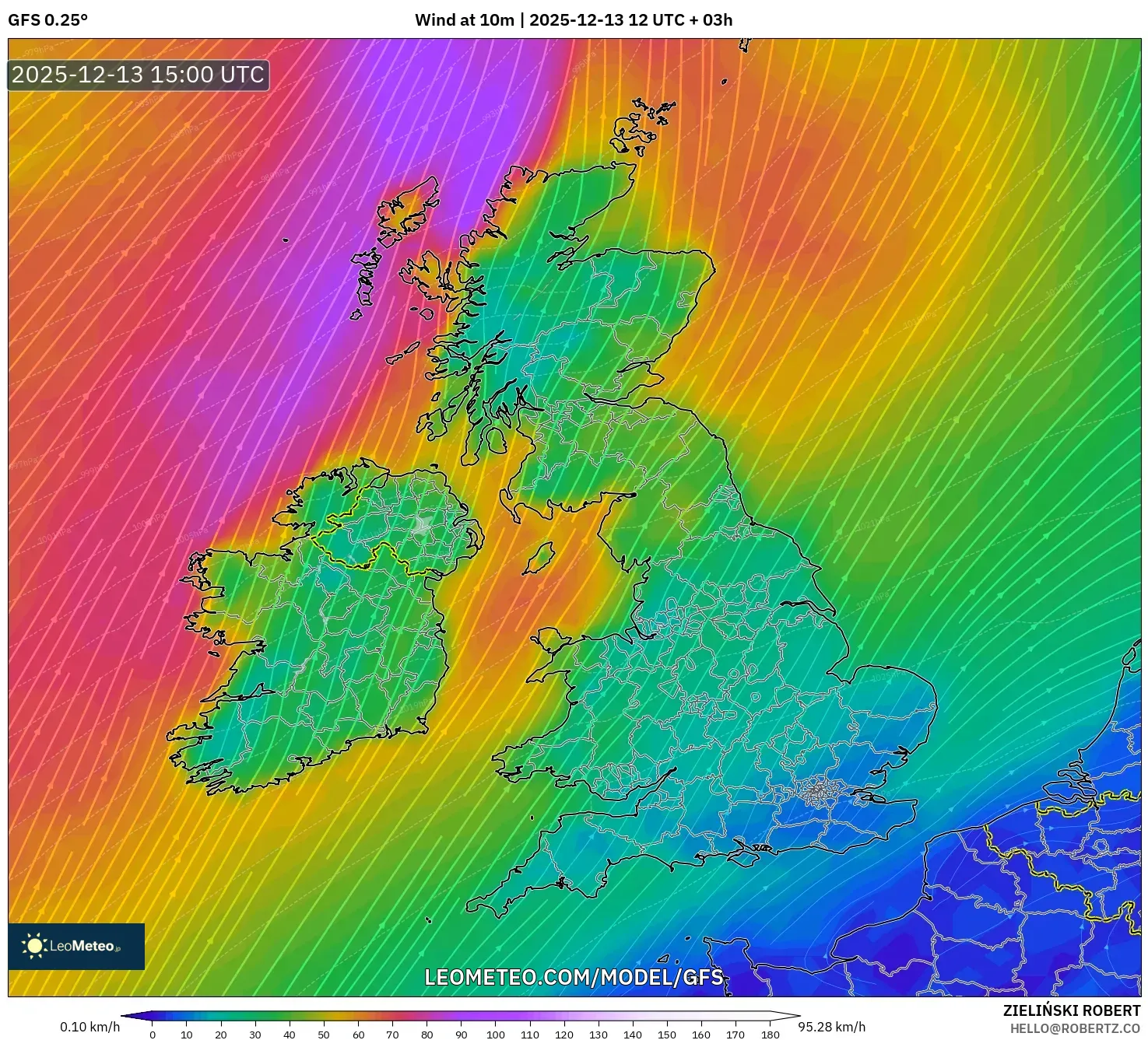 GFS model - Britania Raya, Angin 10 m