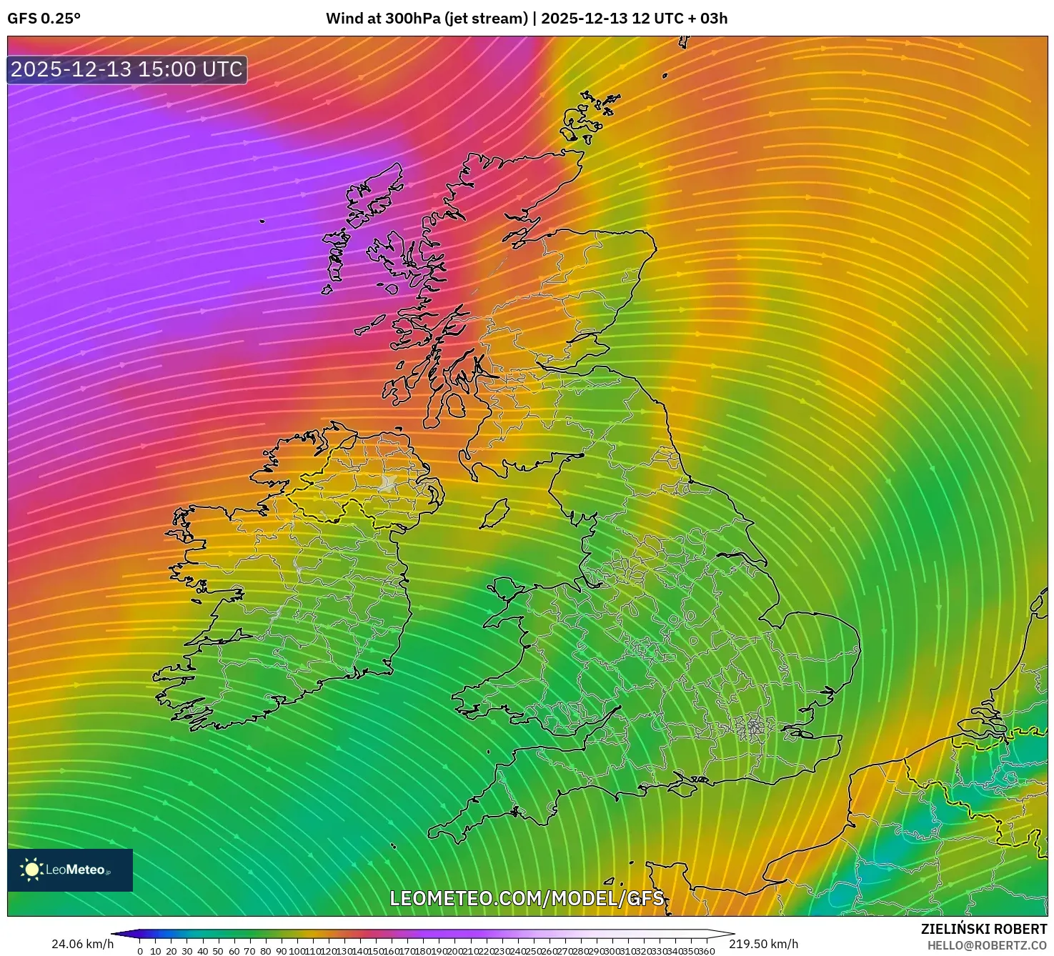 GFS model - Britania Raya, Angin 300 hPa (aliran jet)