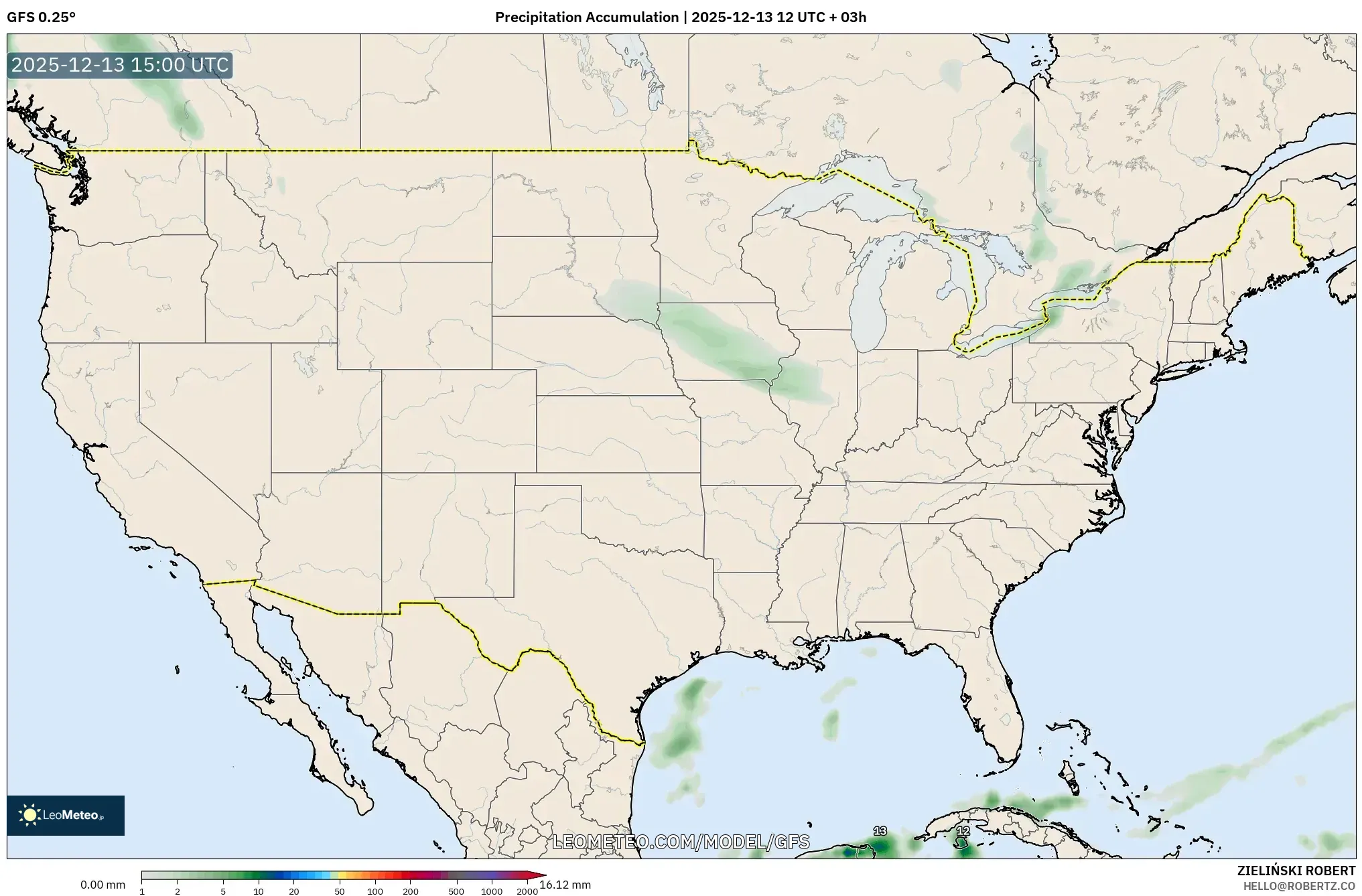 GFS model - Amerika Serikat, Akumulasi Curah Hujan