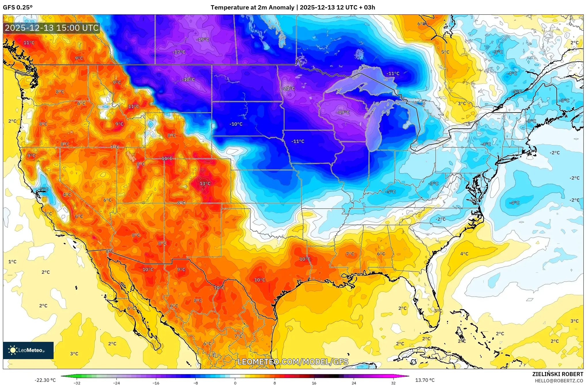 GFS model - Amerika Serikat, Anomali Suhu 2 m