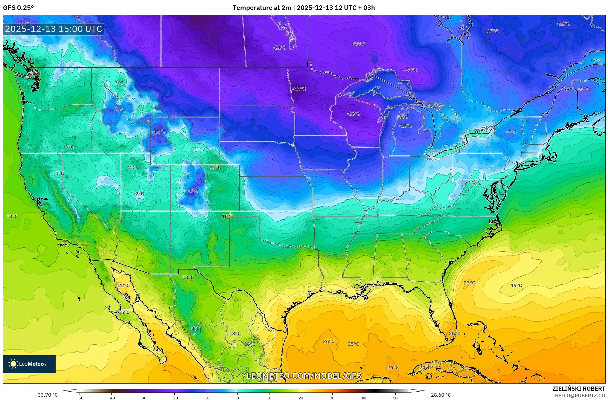 GFS model - Amerika Serikat, Suhu 2 m