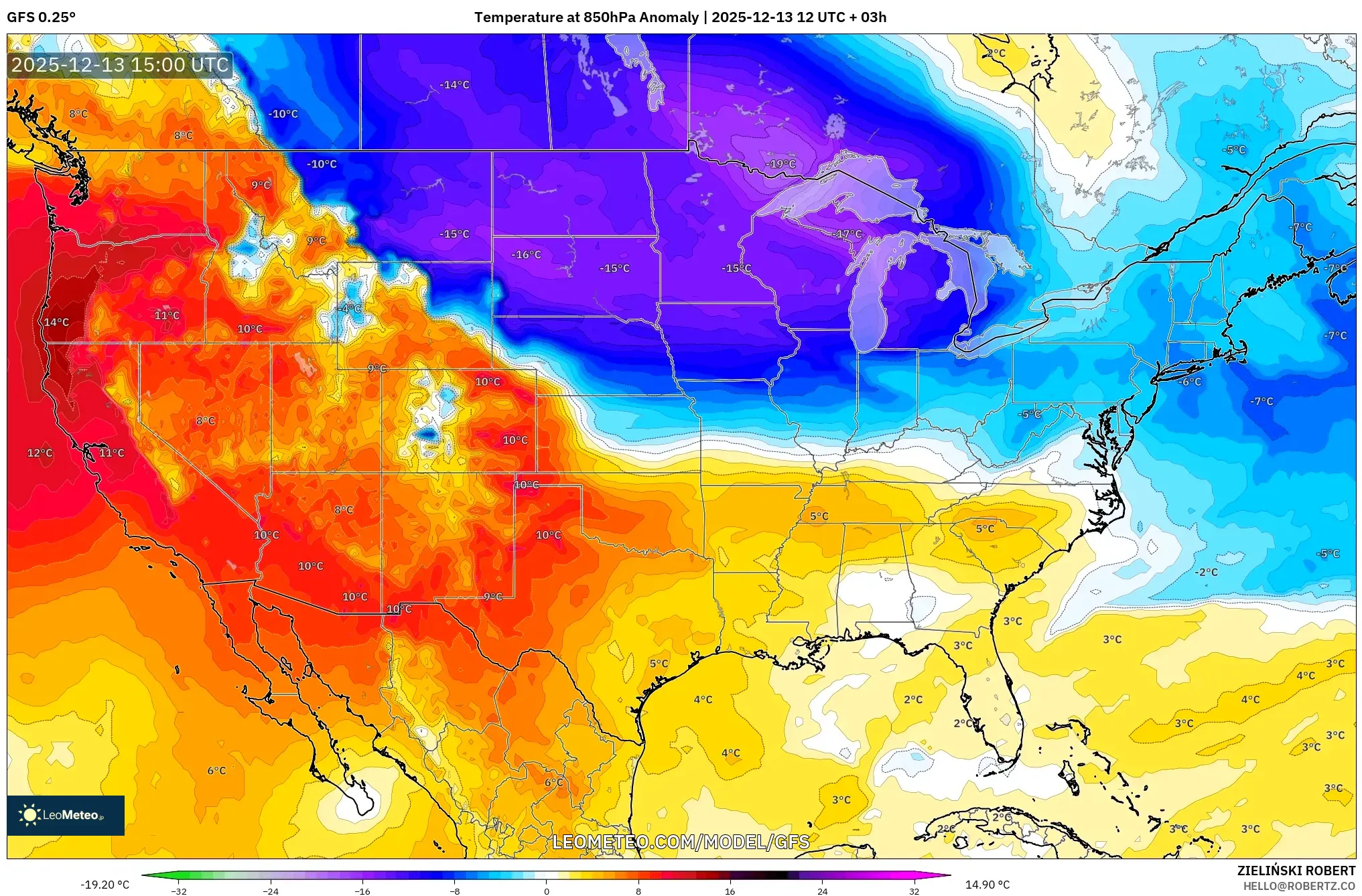 GFS model - Amerika Serikat, Anomali Suhu 850 hPa