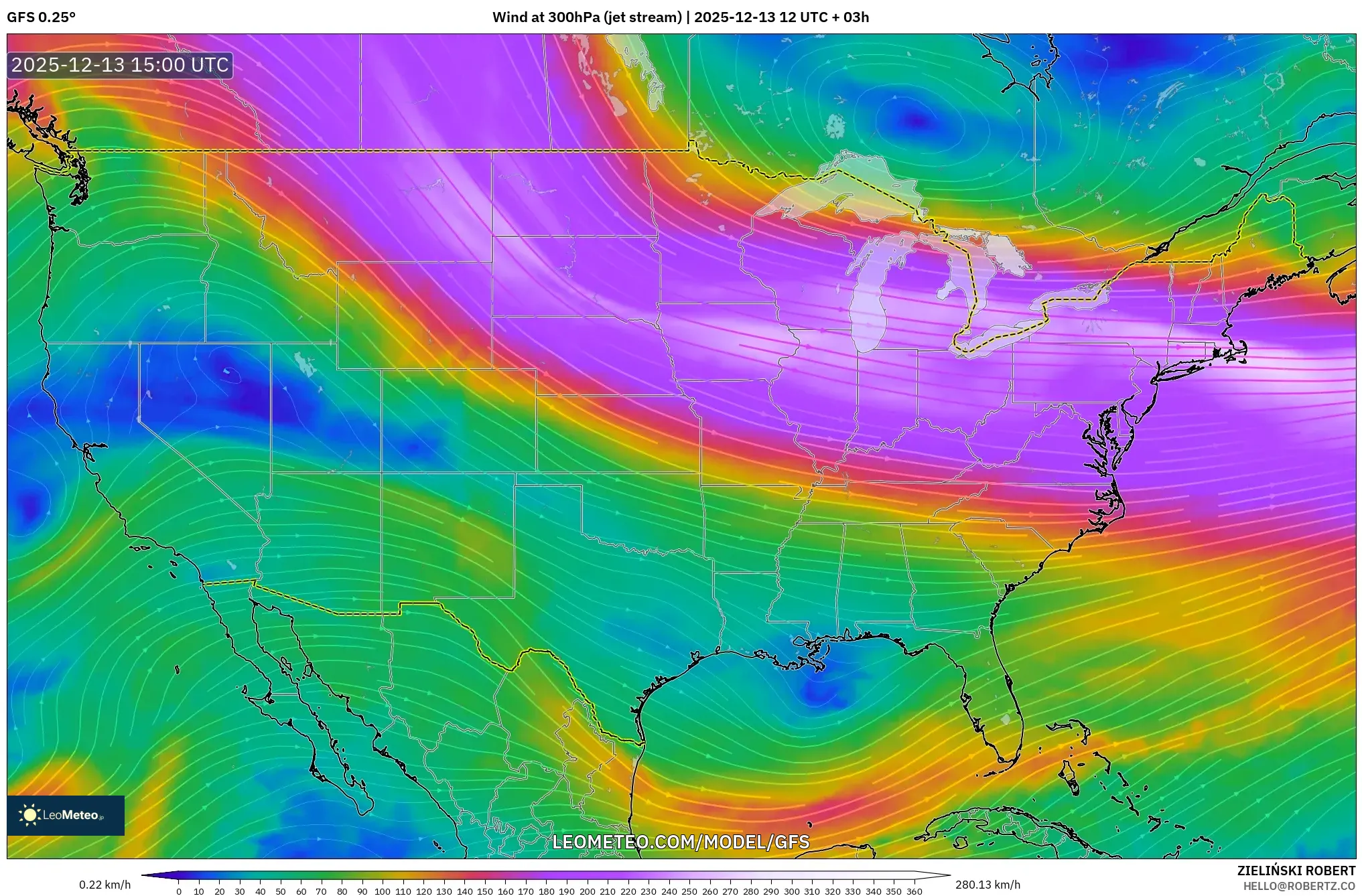 GFS model - Amerika Serikat, Angin 300 hPa (aliran jet)