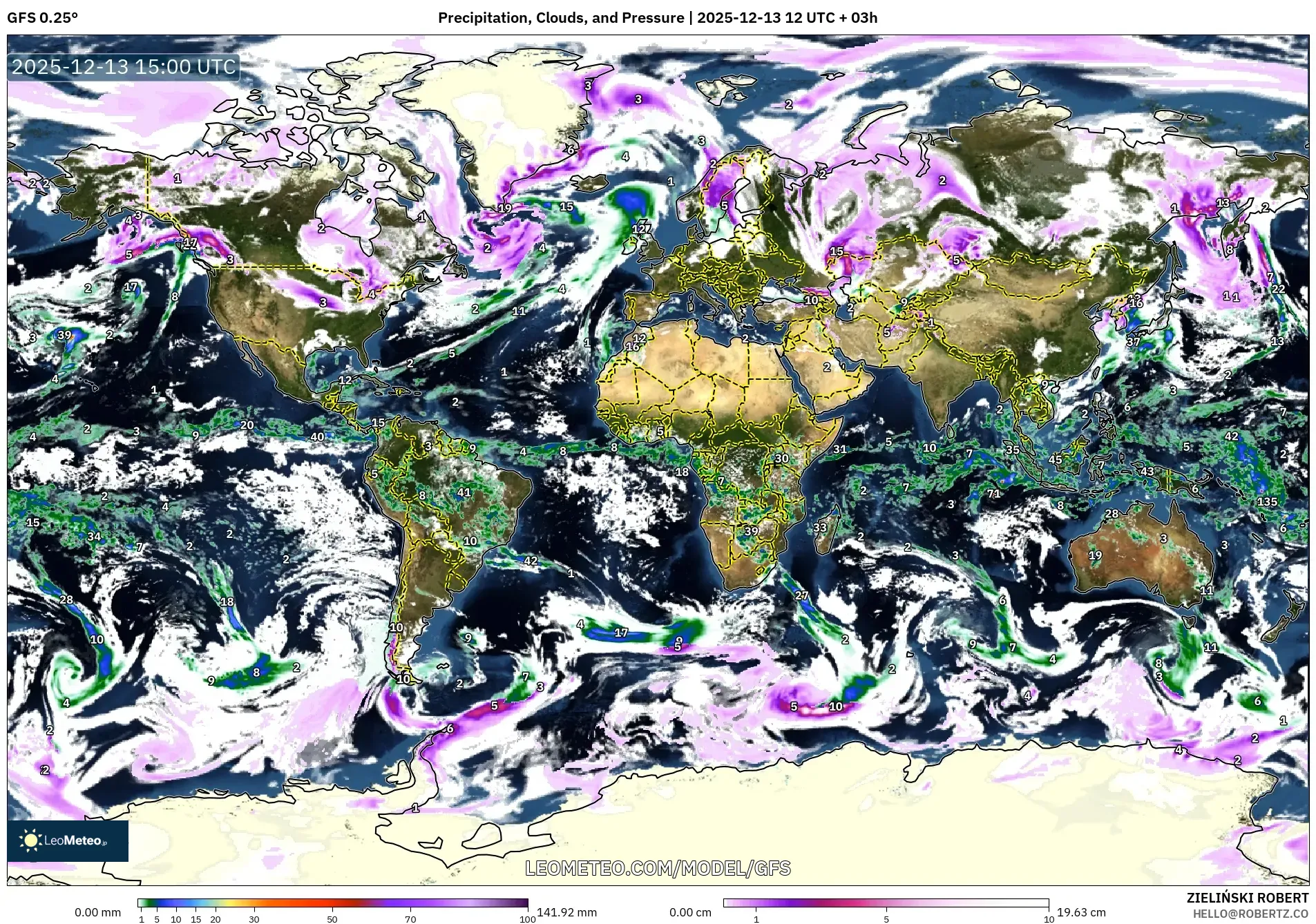 GFS model - World, Precipitation, Clouds, and Pressure