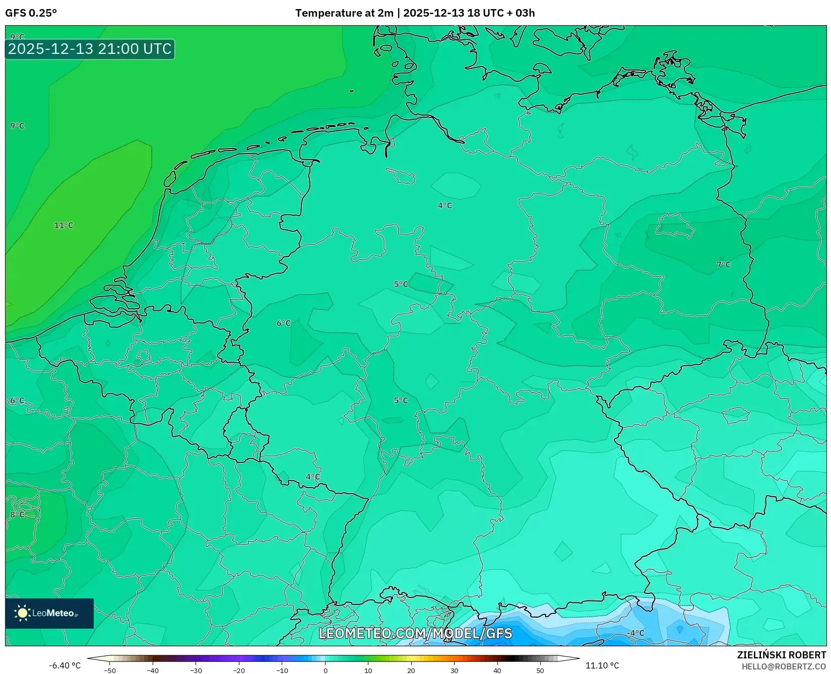 GFS model - Jerman, Suhu pada 2 m