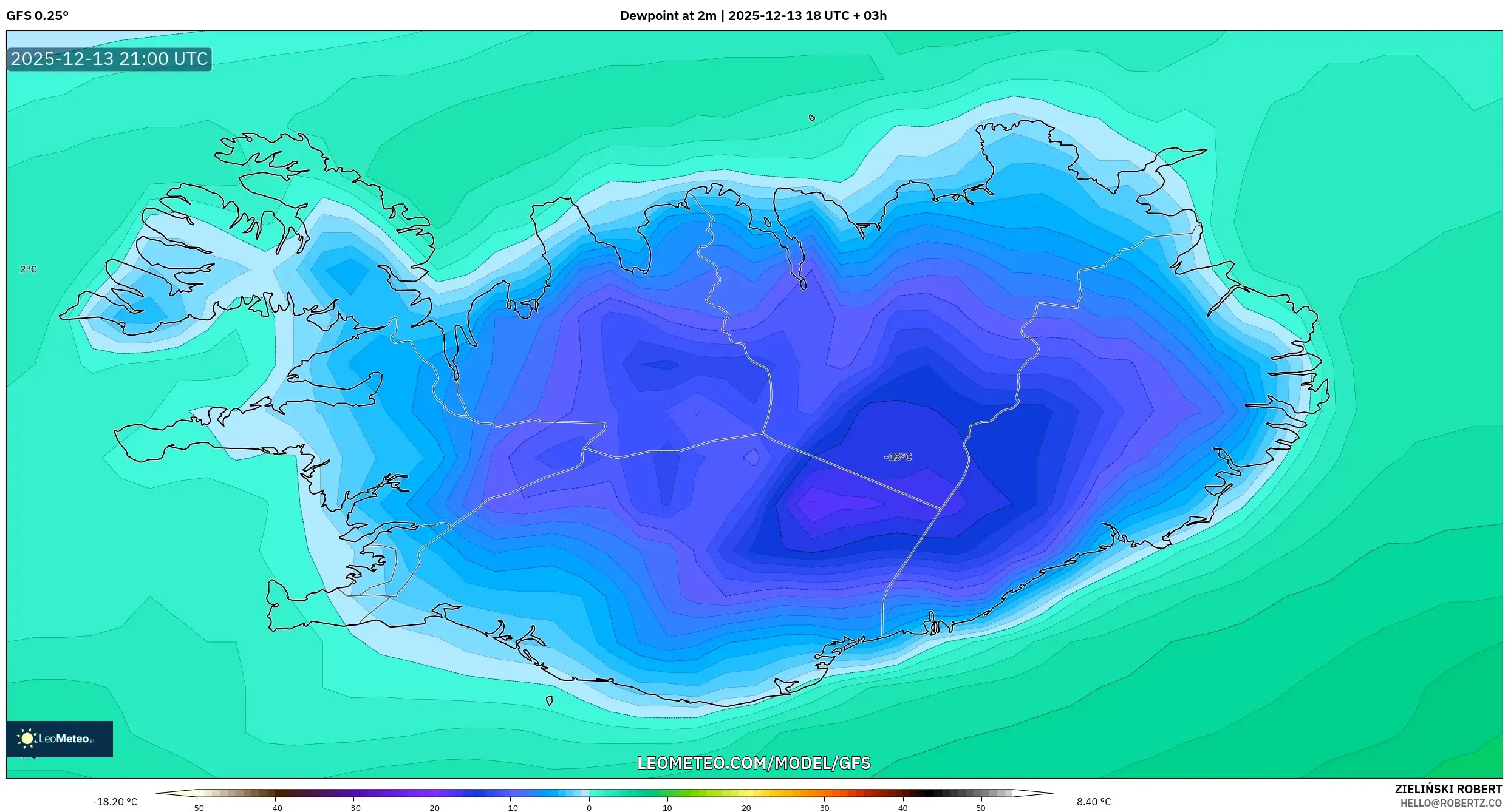 GFS model - Iceland, Takat Embun 2 m