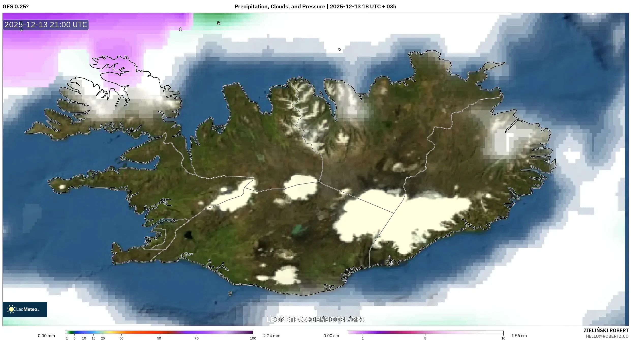 GFS model - Iceland, Precipitation, Clouds, and Pressure