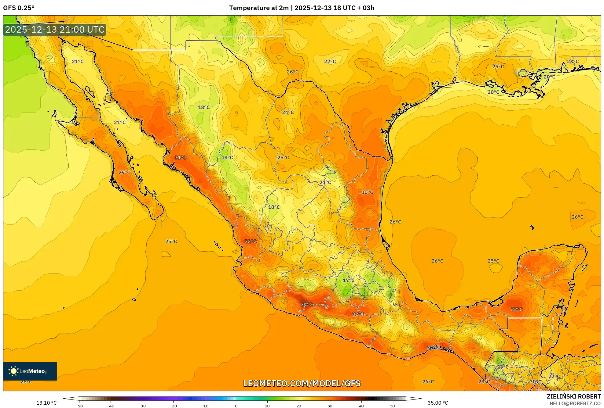 GFS model - Mexico, Suhu pada 2 m