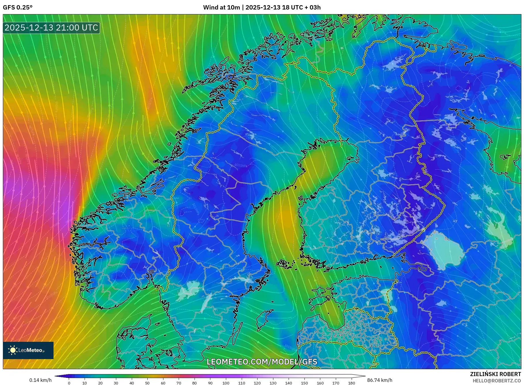GFS model - Skandinavia, Angin 10 m