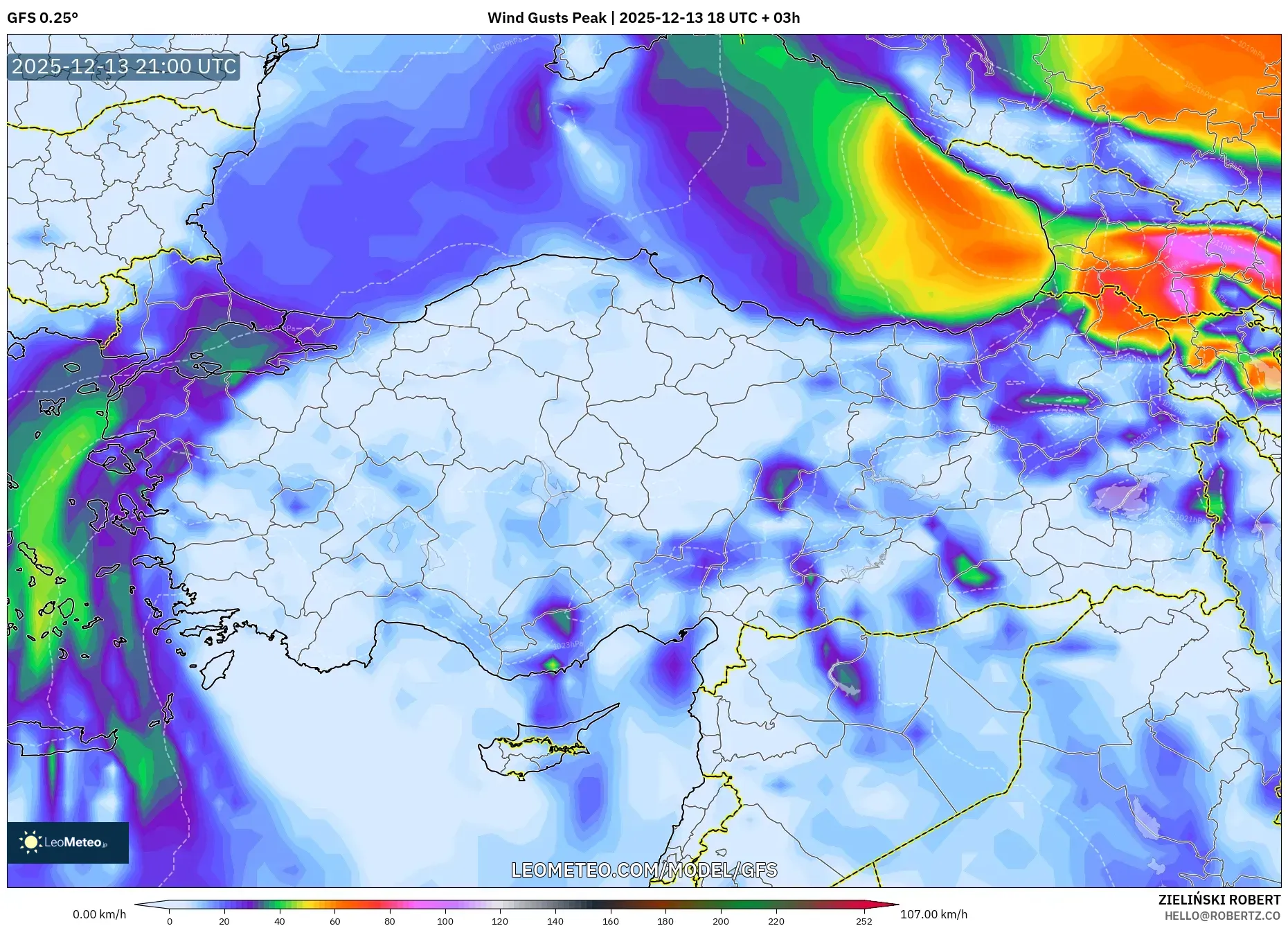 GFS model - Turki, Hembusan Tertinggi