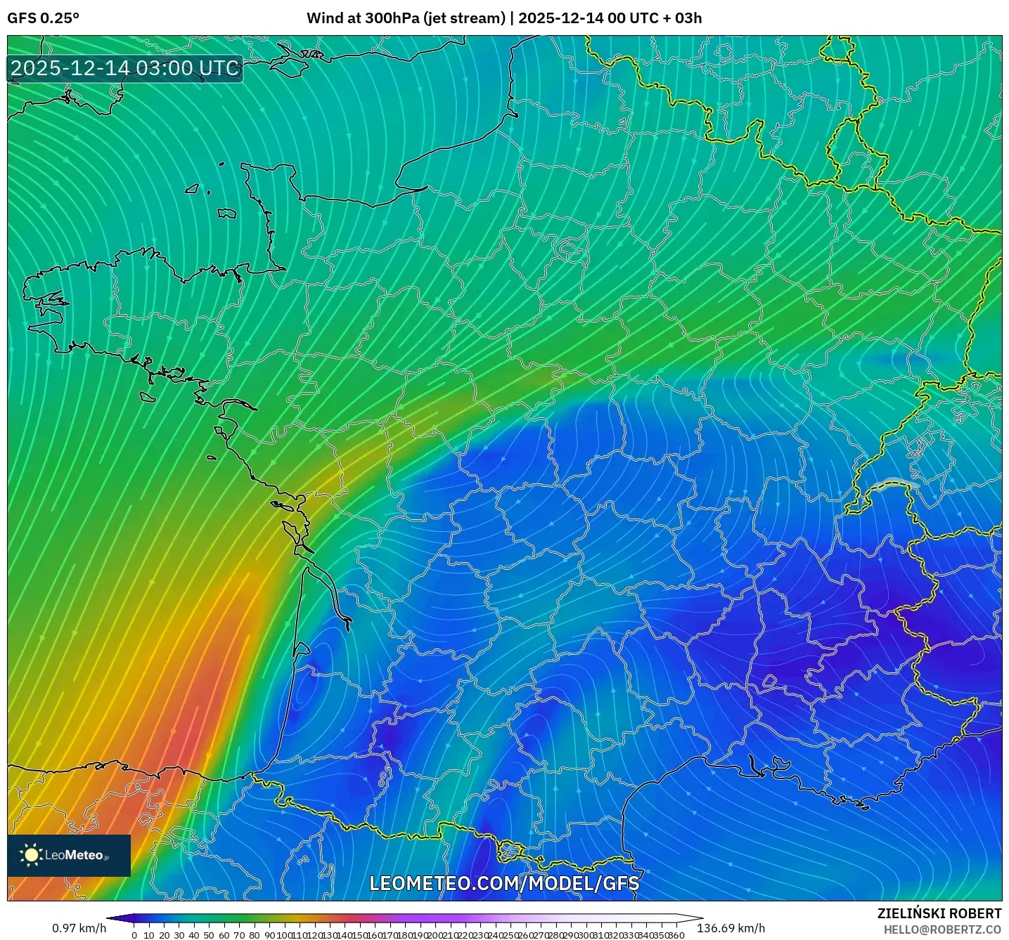 GFS model - France, Wind at 300hPa (jet stream)