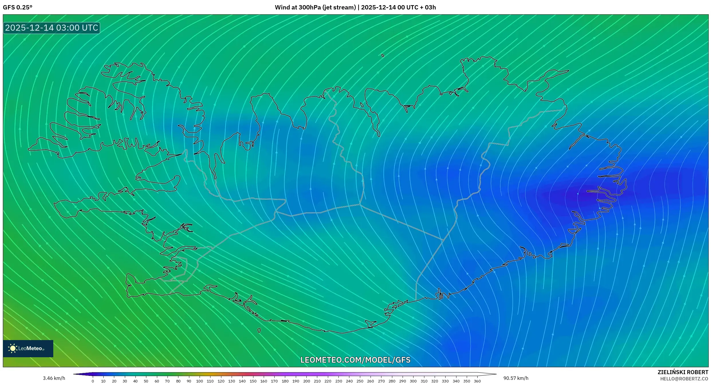 GFS model - Iceland, Wind at 300hPa (jet stream)