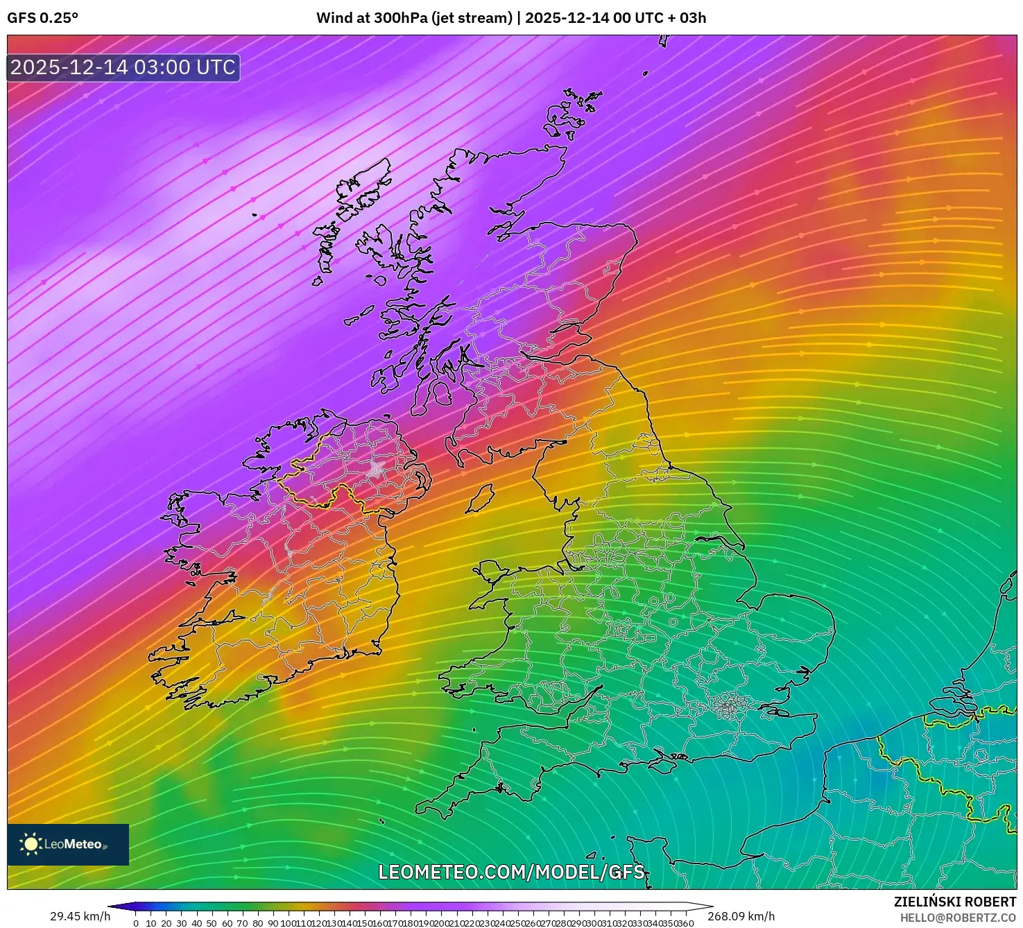 GFS model - United Kingdom, Wind at 300hPa (jet stream)