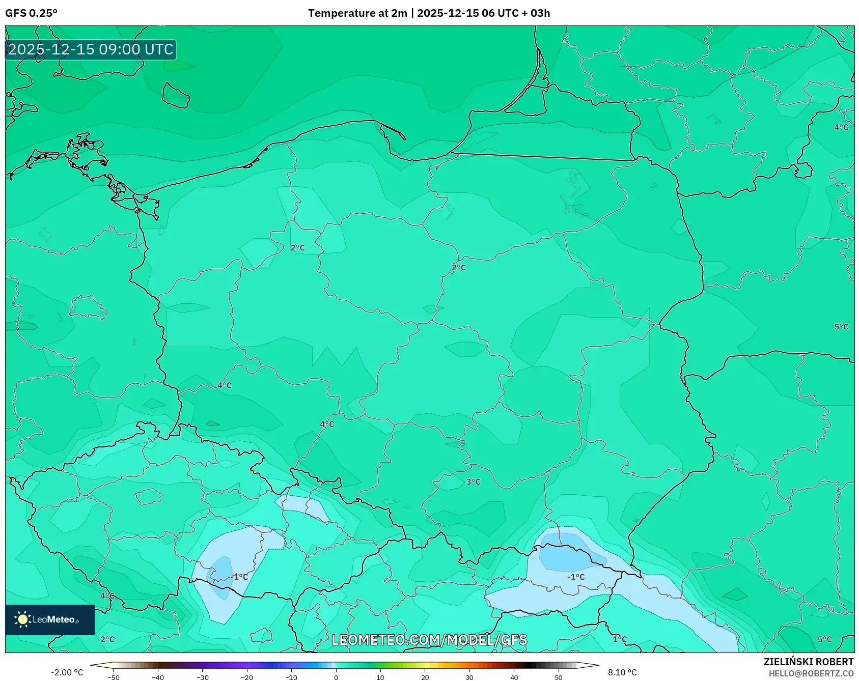 GFS model - Poland, Temperature at 2m