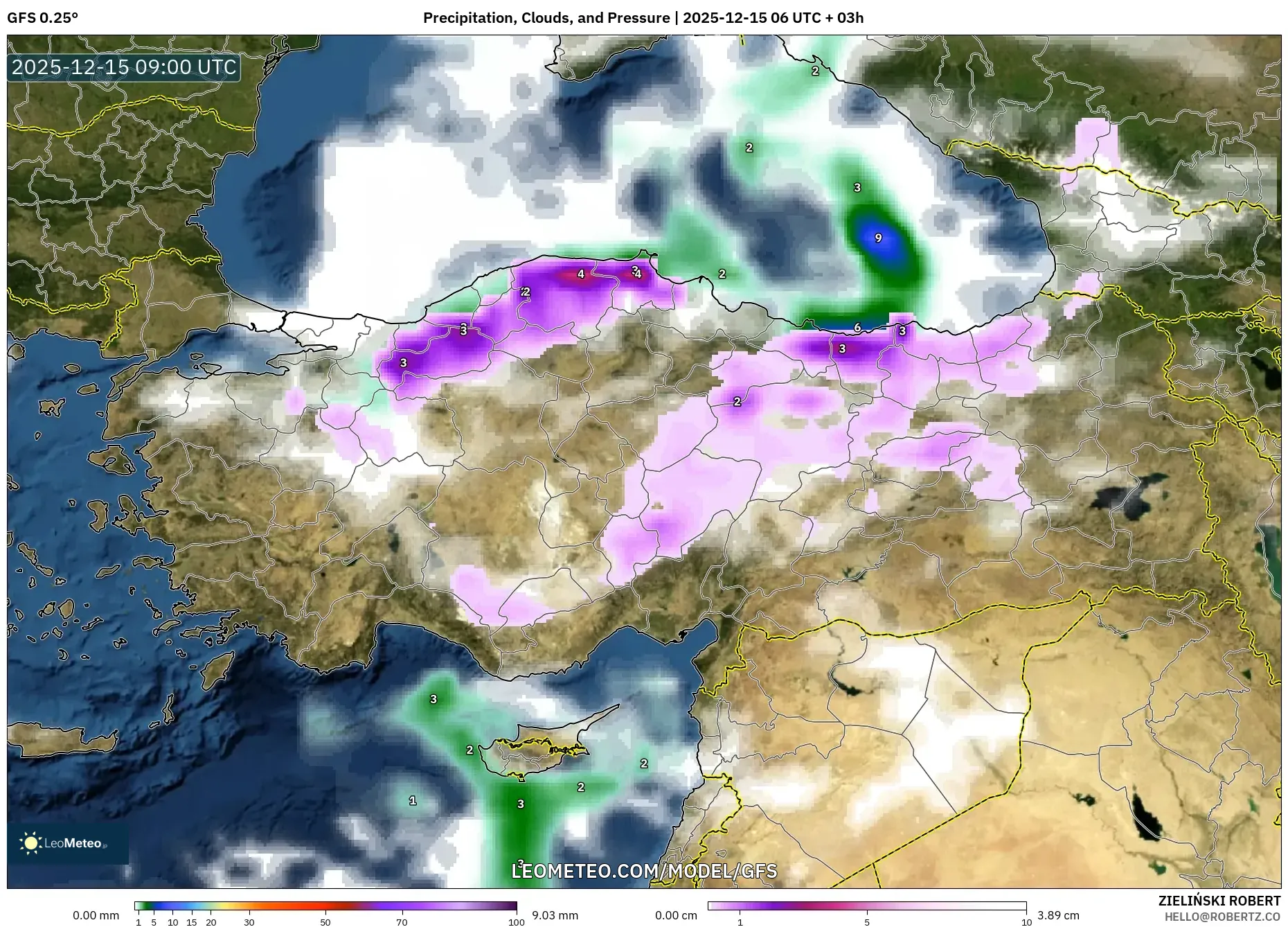 GFS model - Turkey, Precipitation, Clouds, and Pressure
