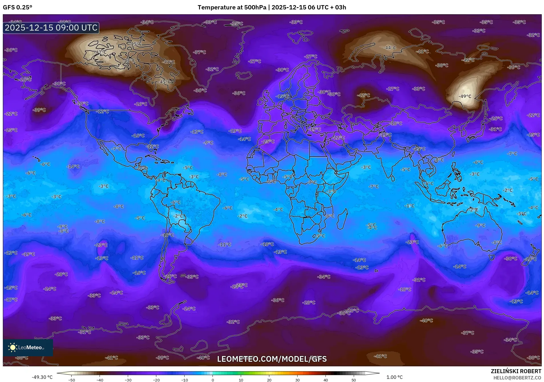 GFS model - World, Temperature at 500hPa