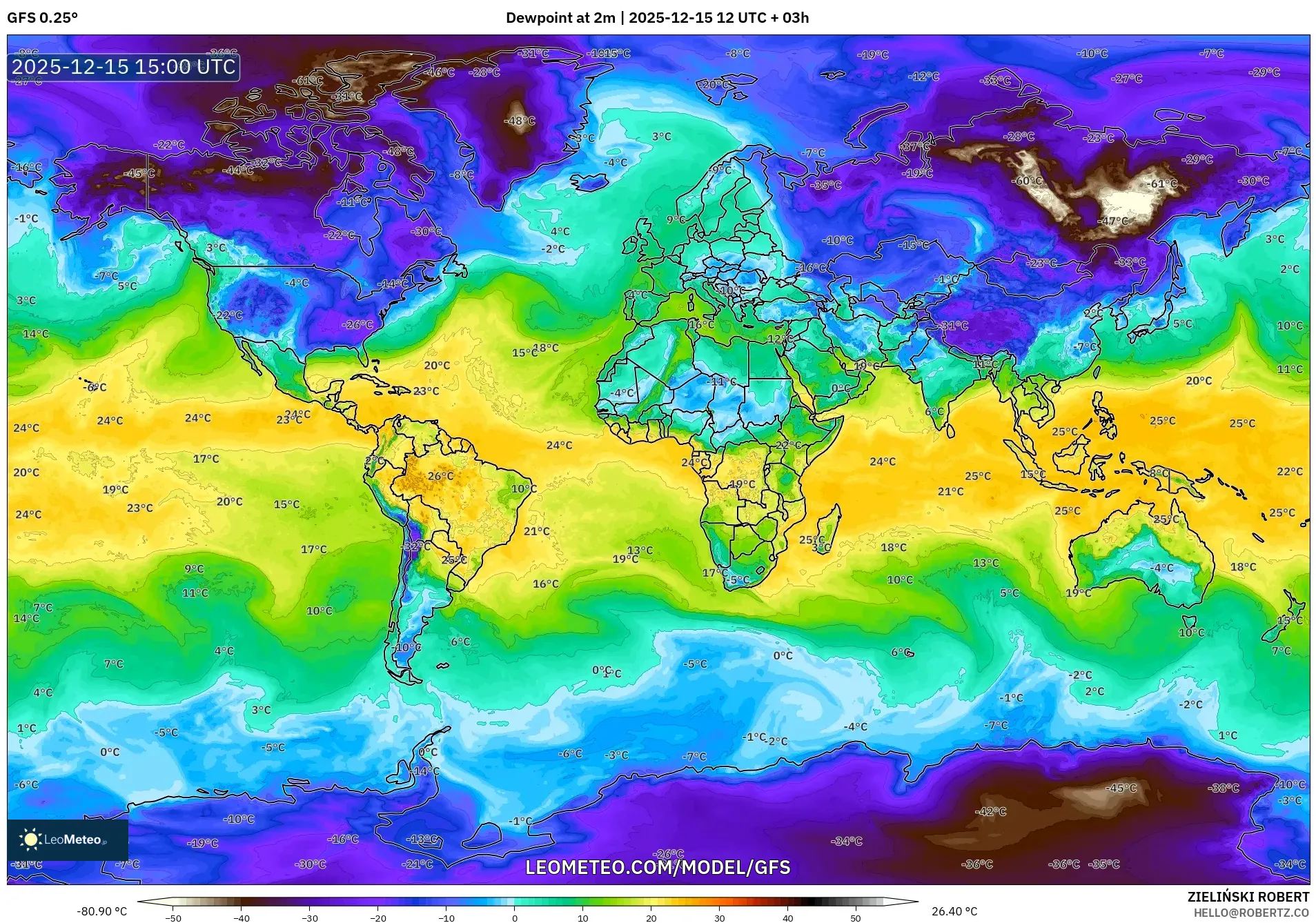 GFS model - World, Dewpoint at 2m