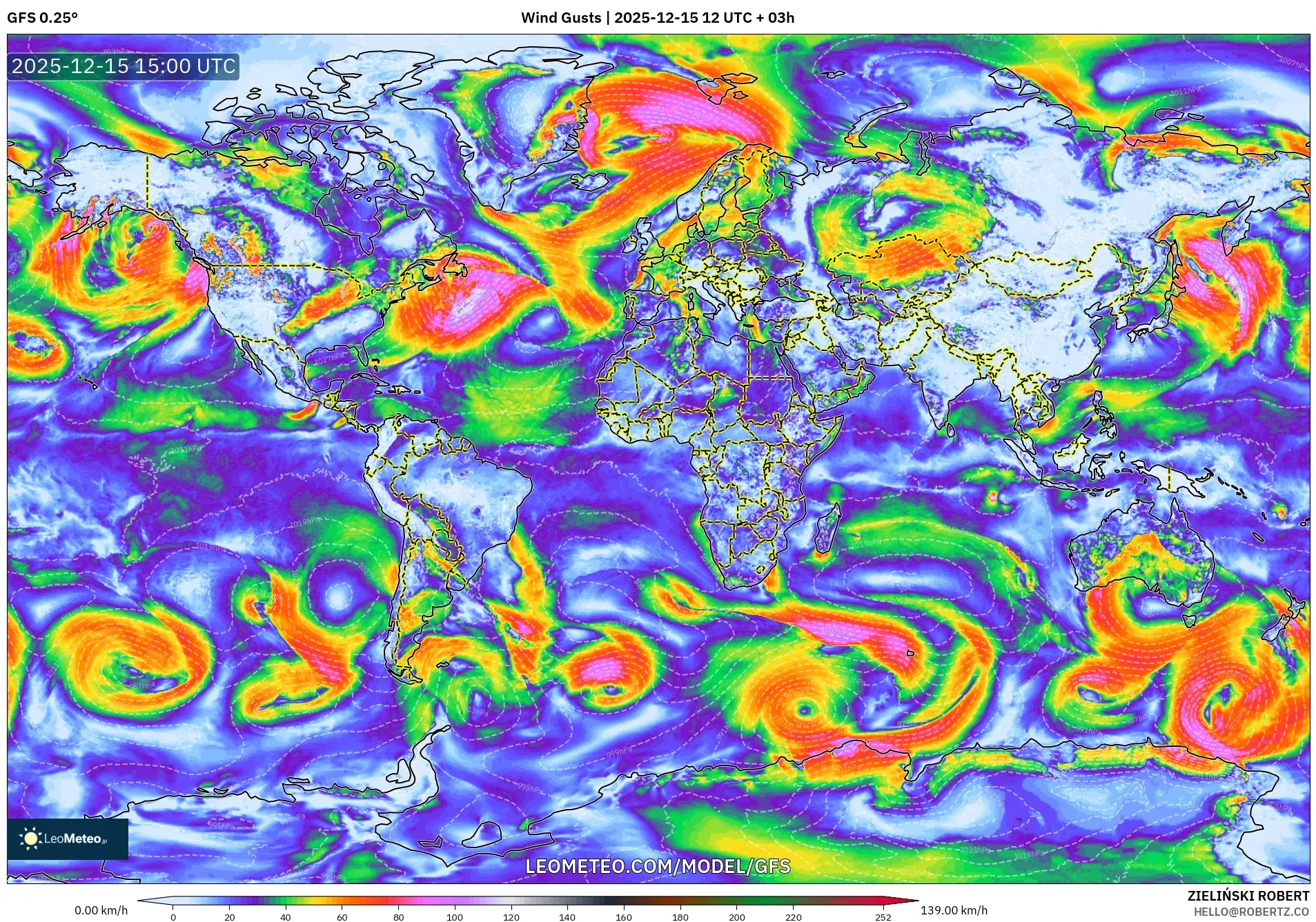 GFS model - World, Wind Gusts
