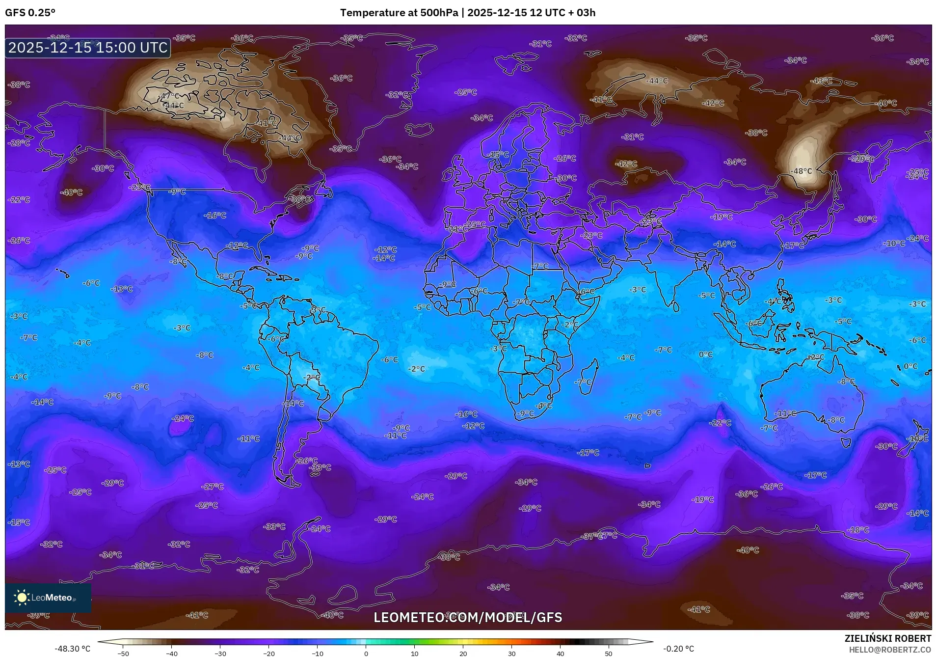 GFS model - World, Temperature at 500hPa