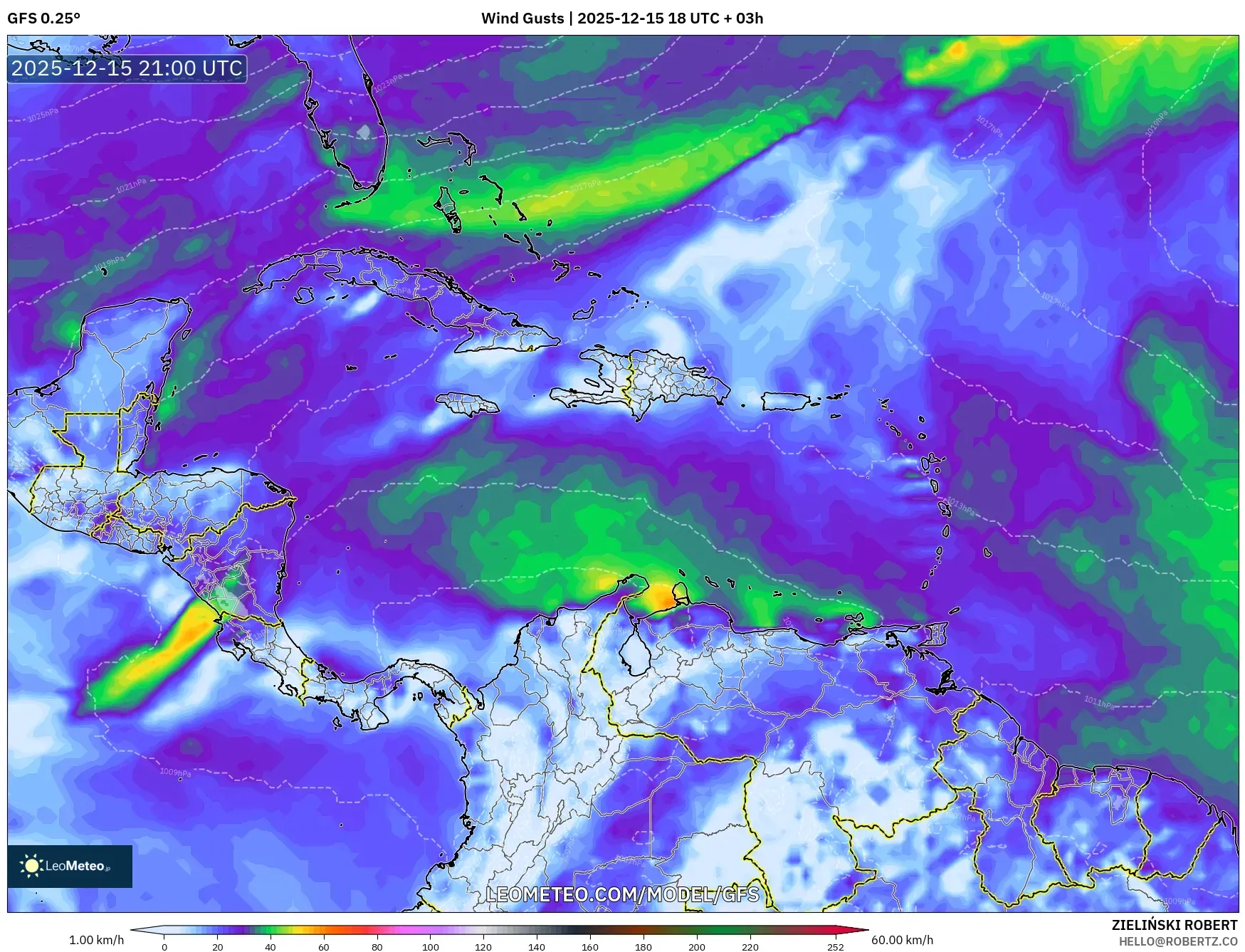GFS model - Caribbean, Wind Gusts