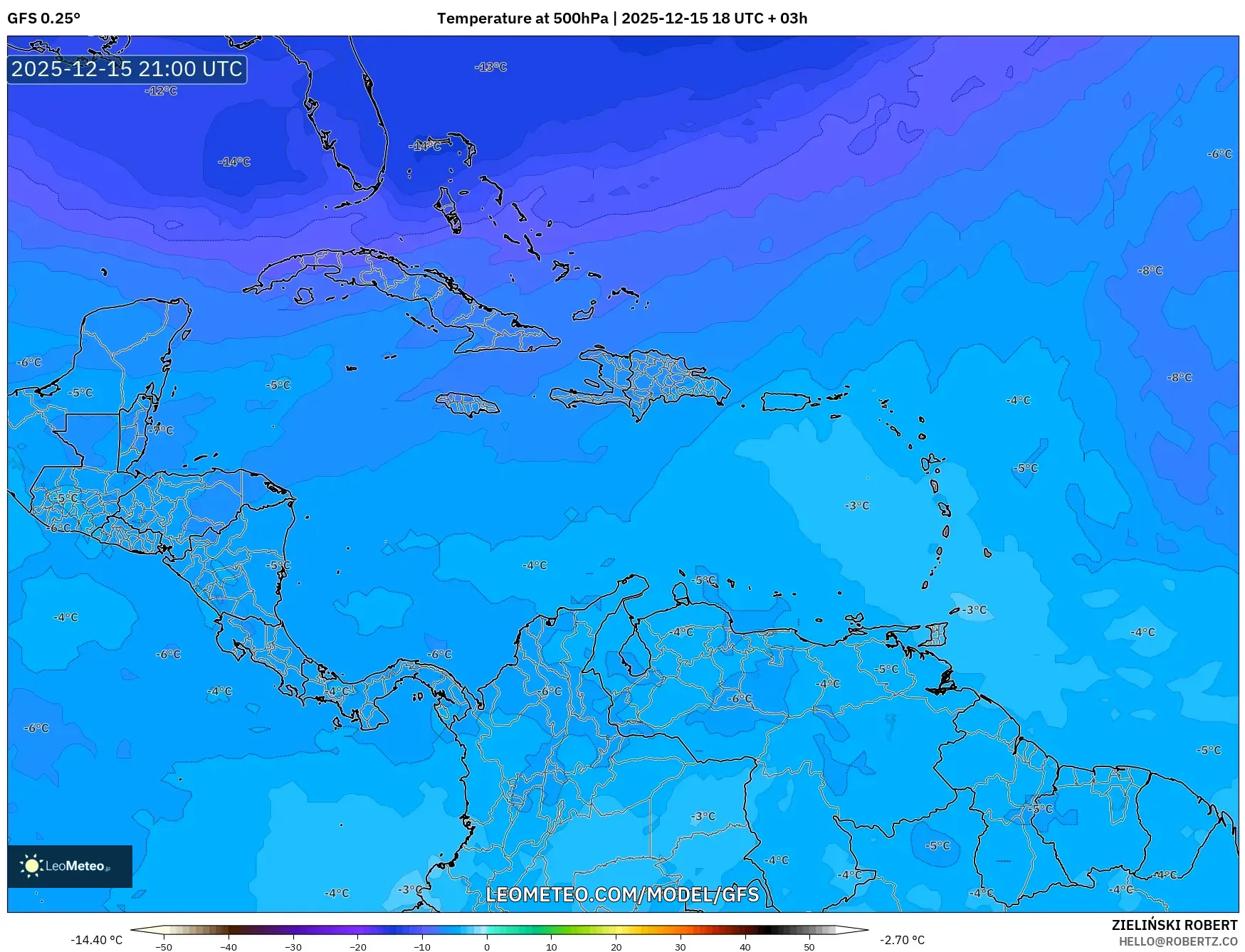 GFS model - Caribbean, Temperature at 500hPa