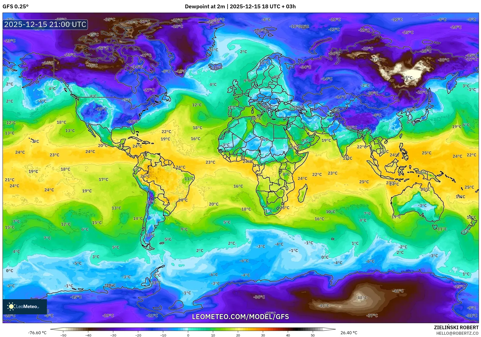 GFS model - World, Dewpoint at 2m