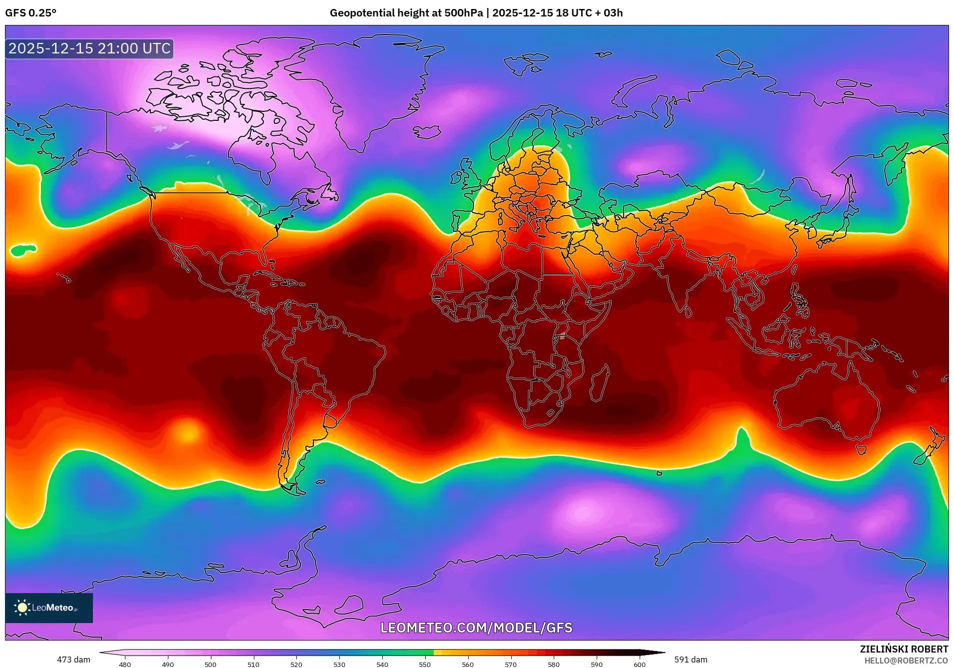 GFS model - World, Geopotential height at 500hPa