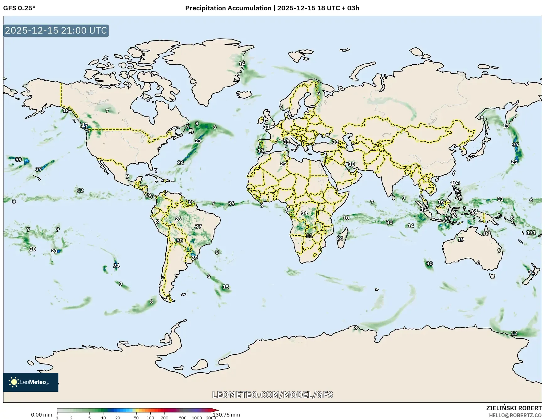 GFS model - World, Precipitation Accumulation
