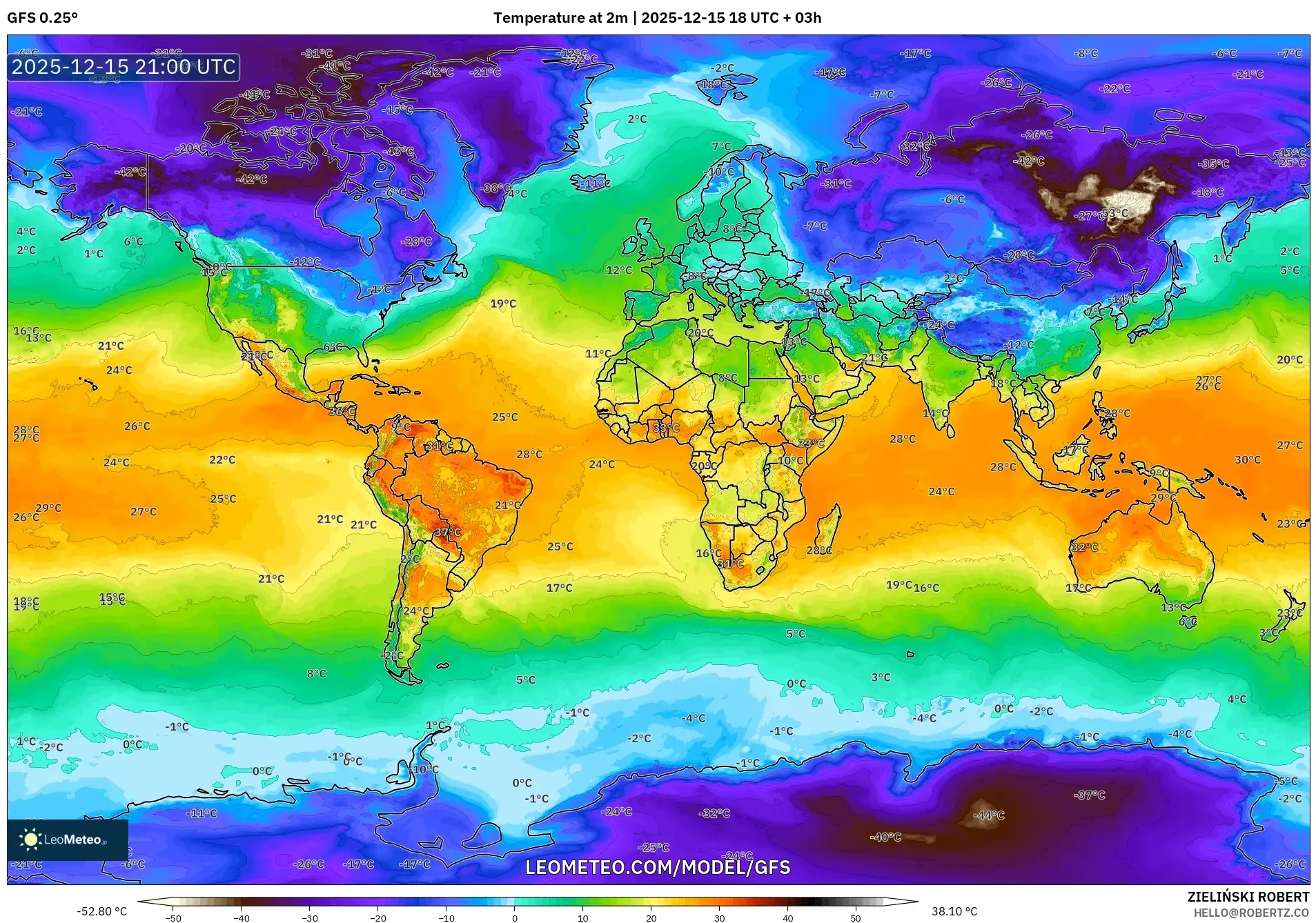 GFS model - World, Temperature at 2m