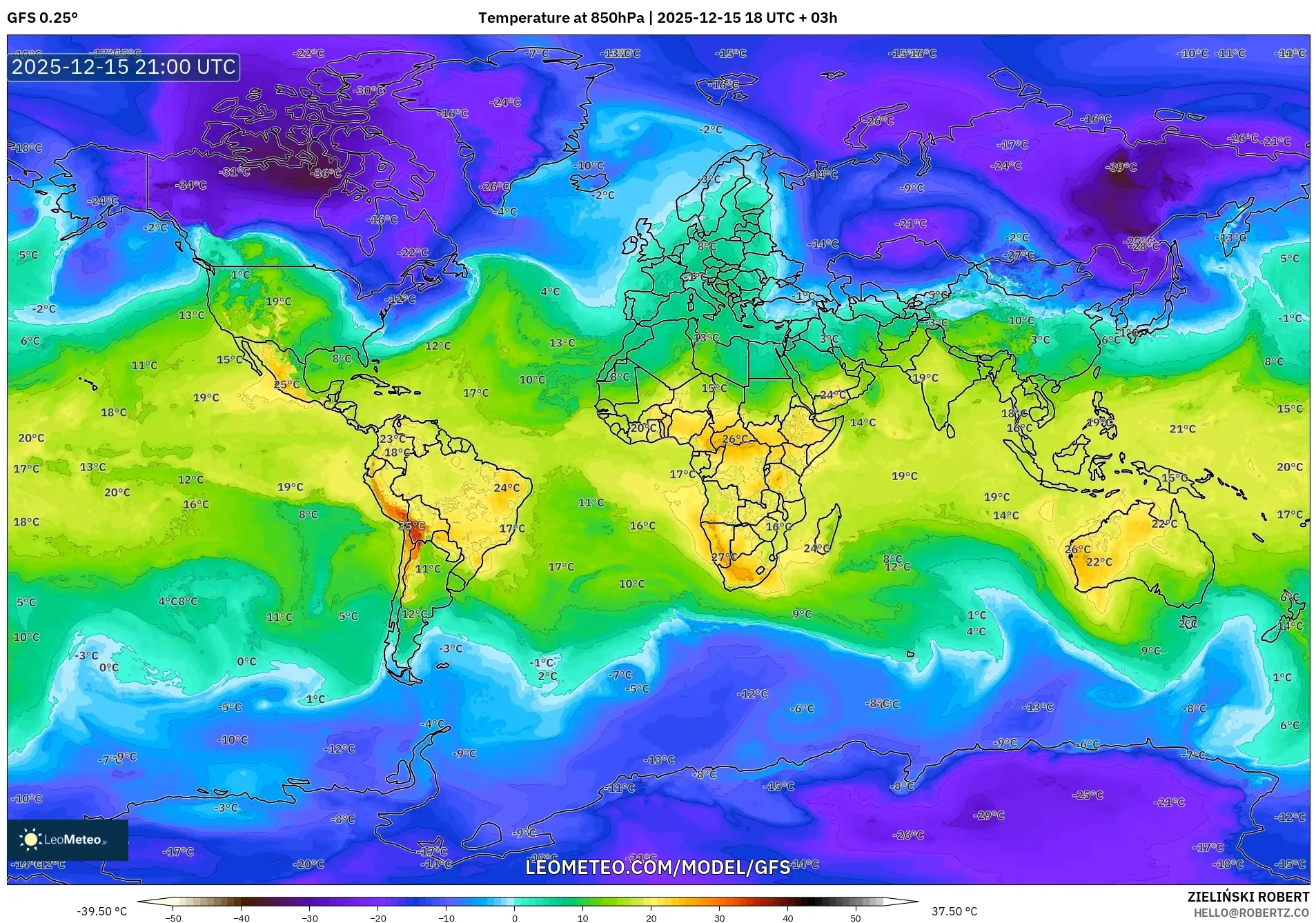 GFS model - World, Temperature at 850hPa