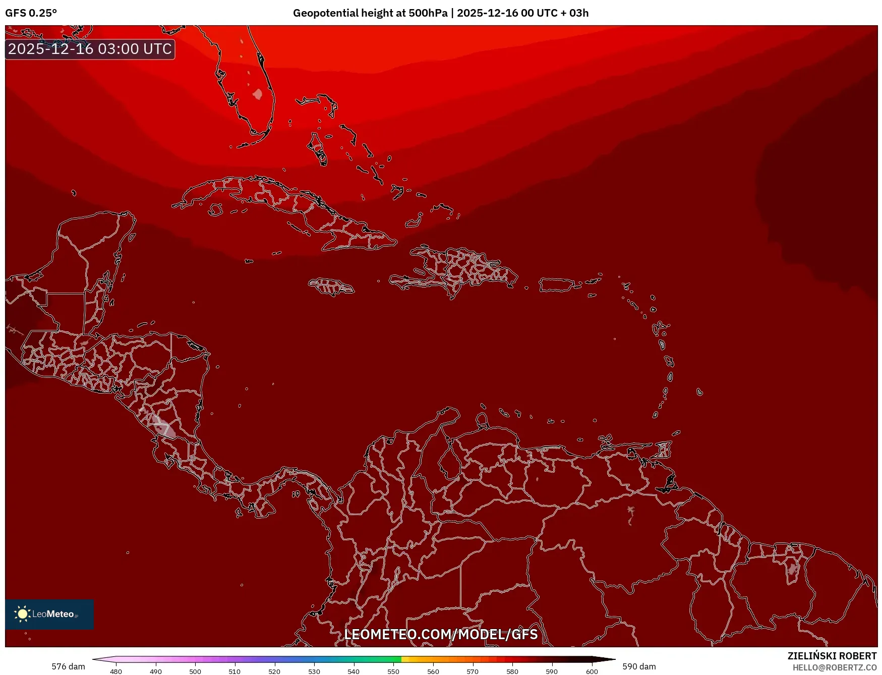 GFS model - Caribbean, Geopotential height at 500hPa