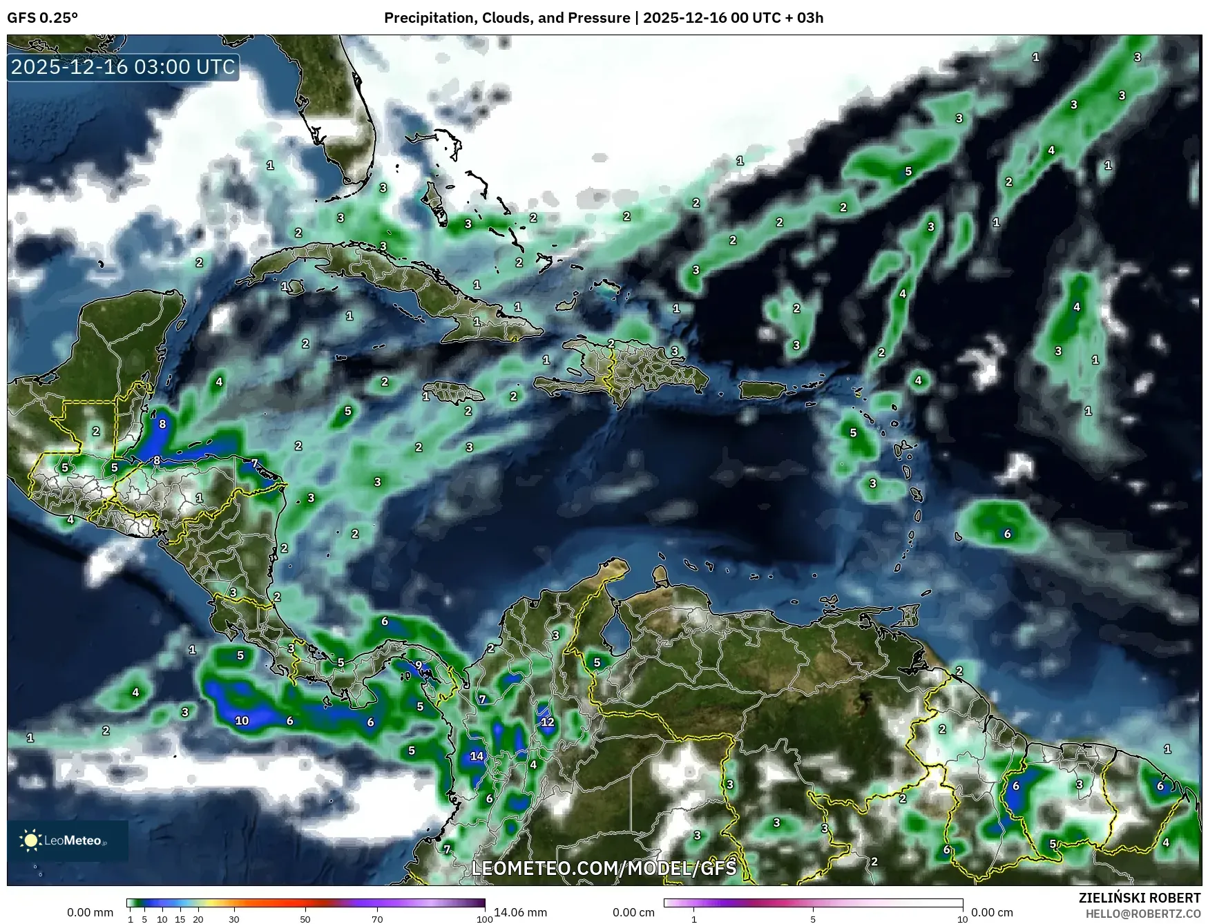GFS model - Caribbean, Precipitation, Clouds, and Pressure