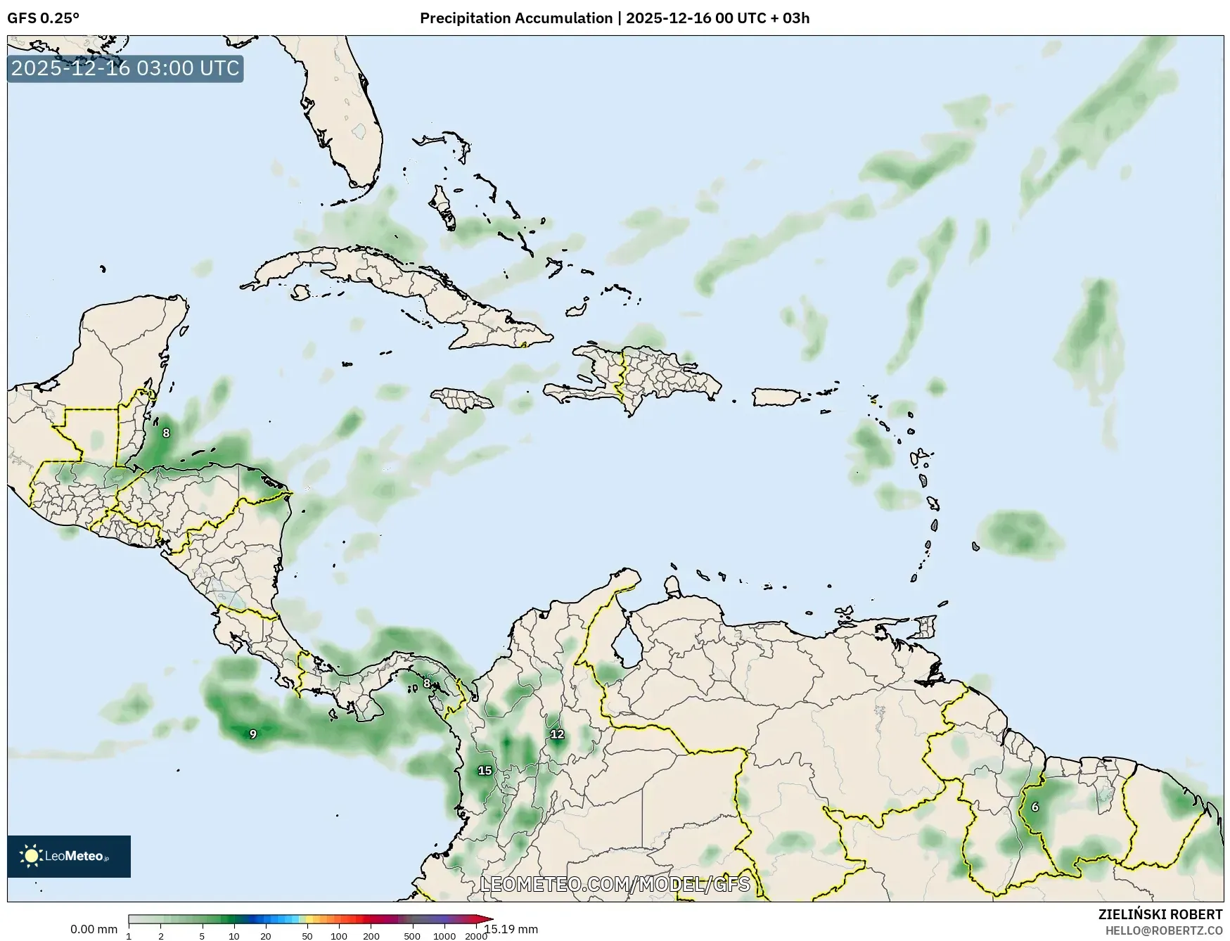 GFS model - Caribbean, Precipitation Accumulation