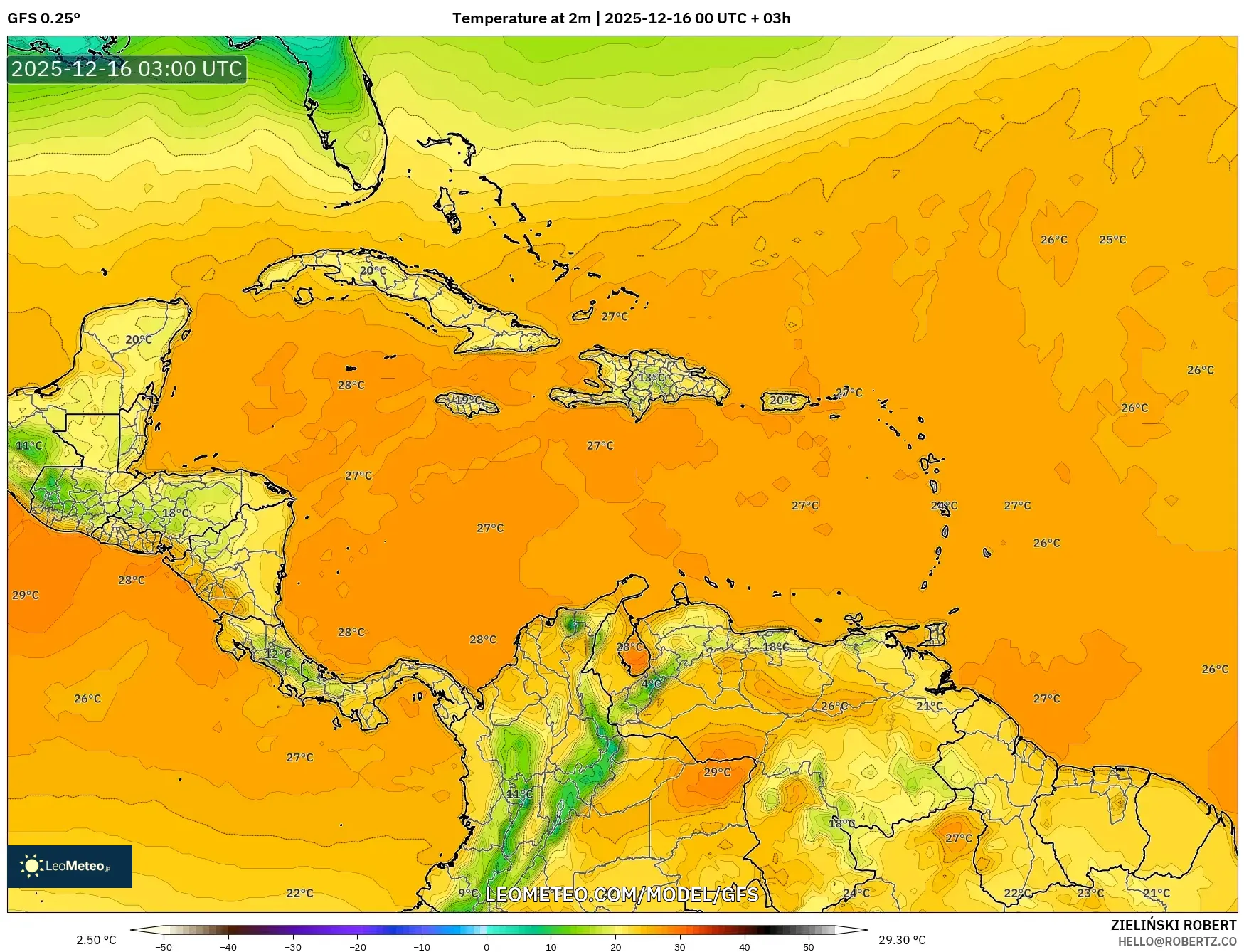 GFS model - Caribbean, Temperature at 2m