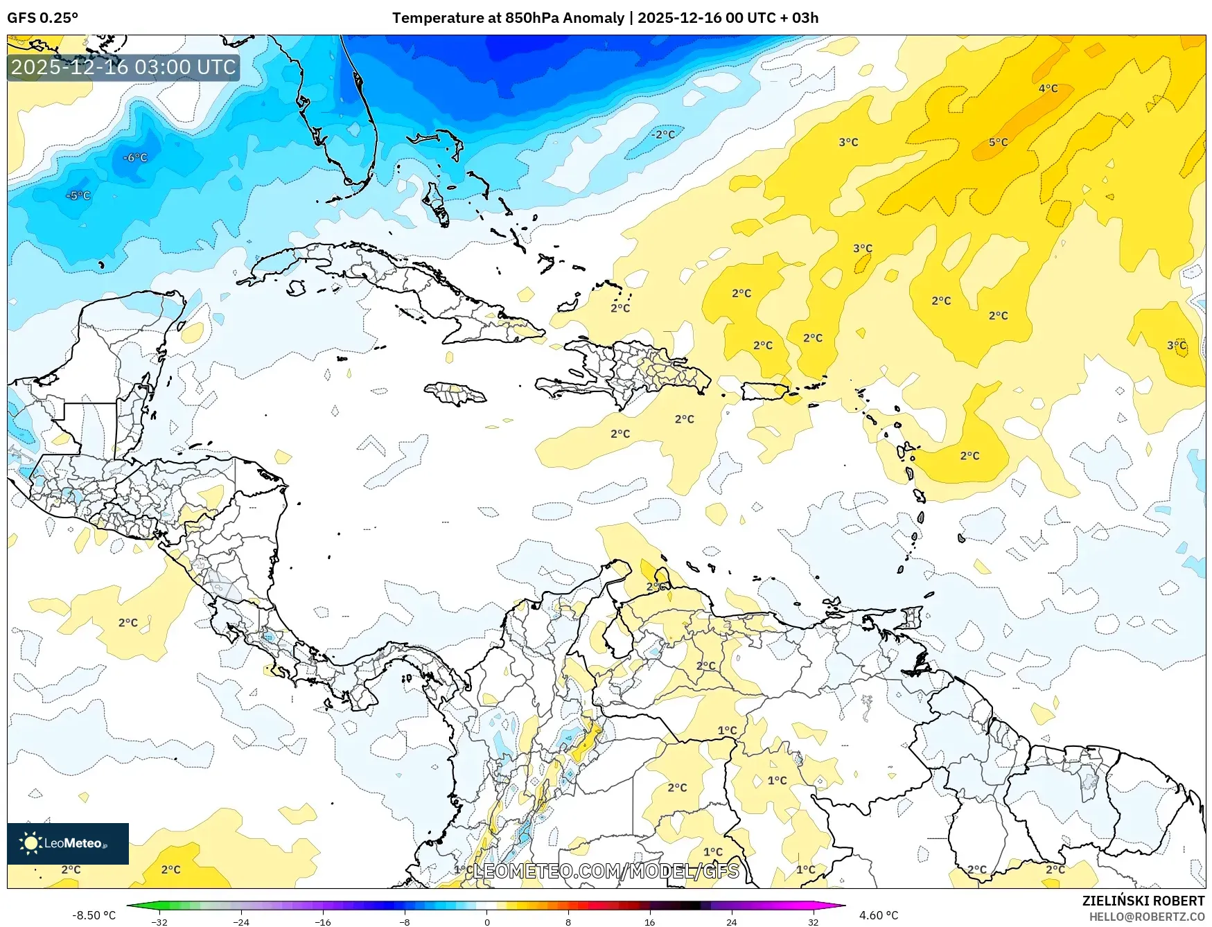 GFS model - Caribbean, Temperature at 850hPa Anomaly