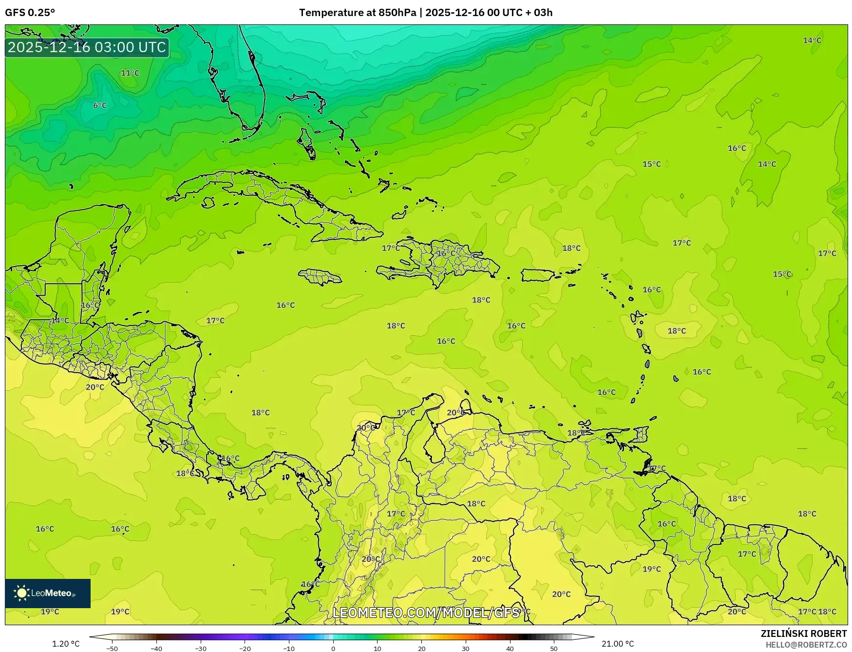GFS model - Caribbean, Temperature at 850hPa
