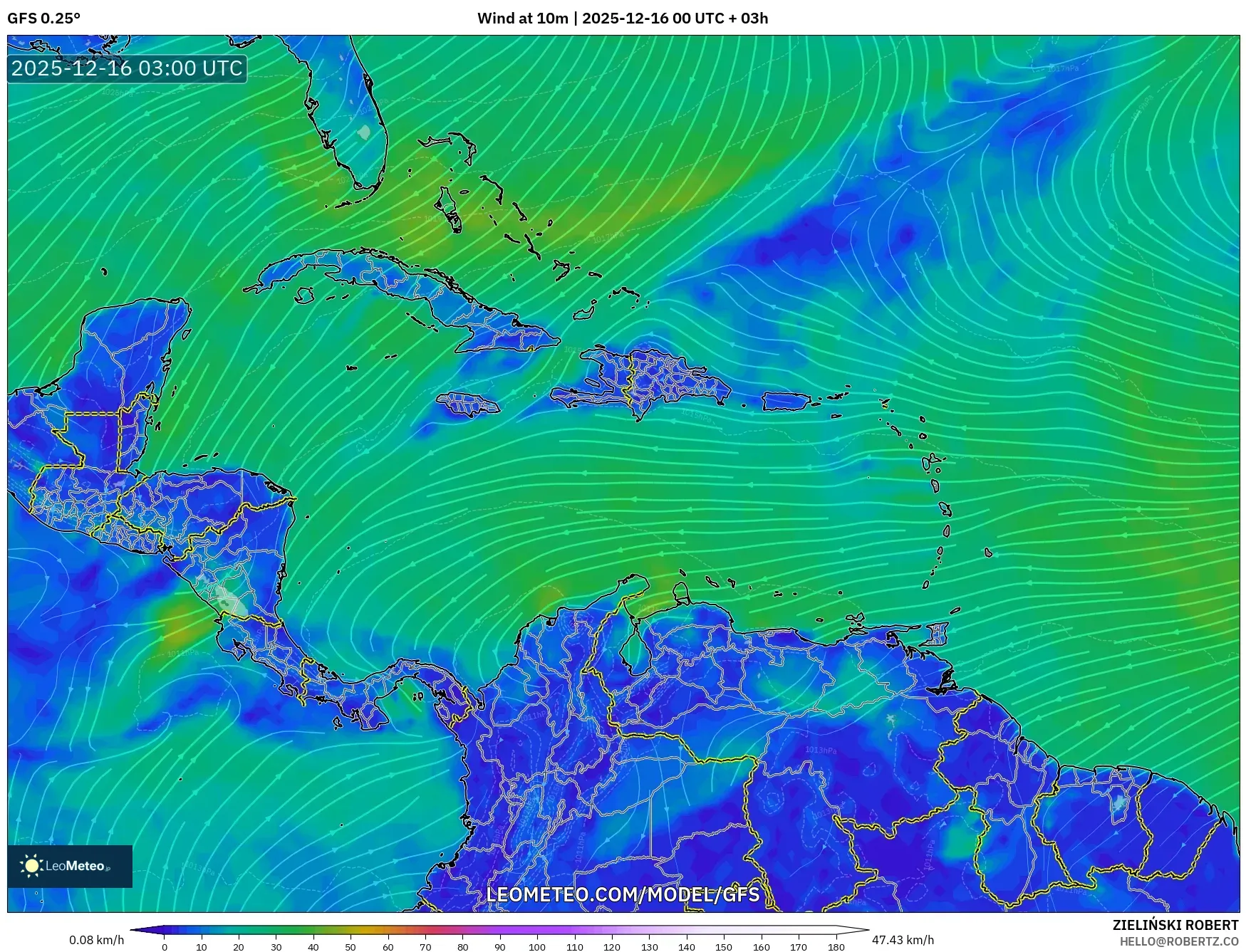 GFS model - Caribbean, Wind at 10m