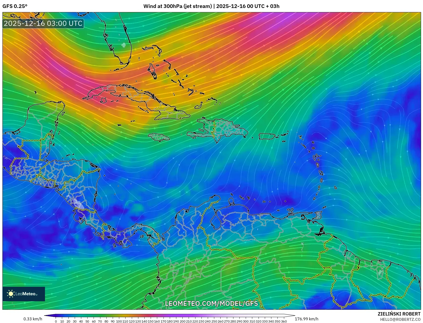 GFS model - Caribbean, Wind at 300hPa (jet stream)