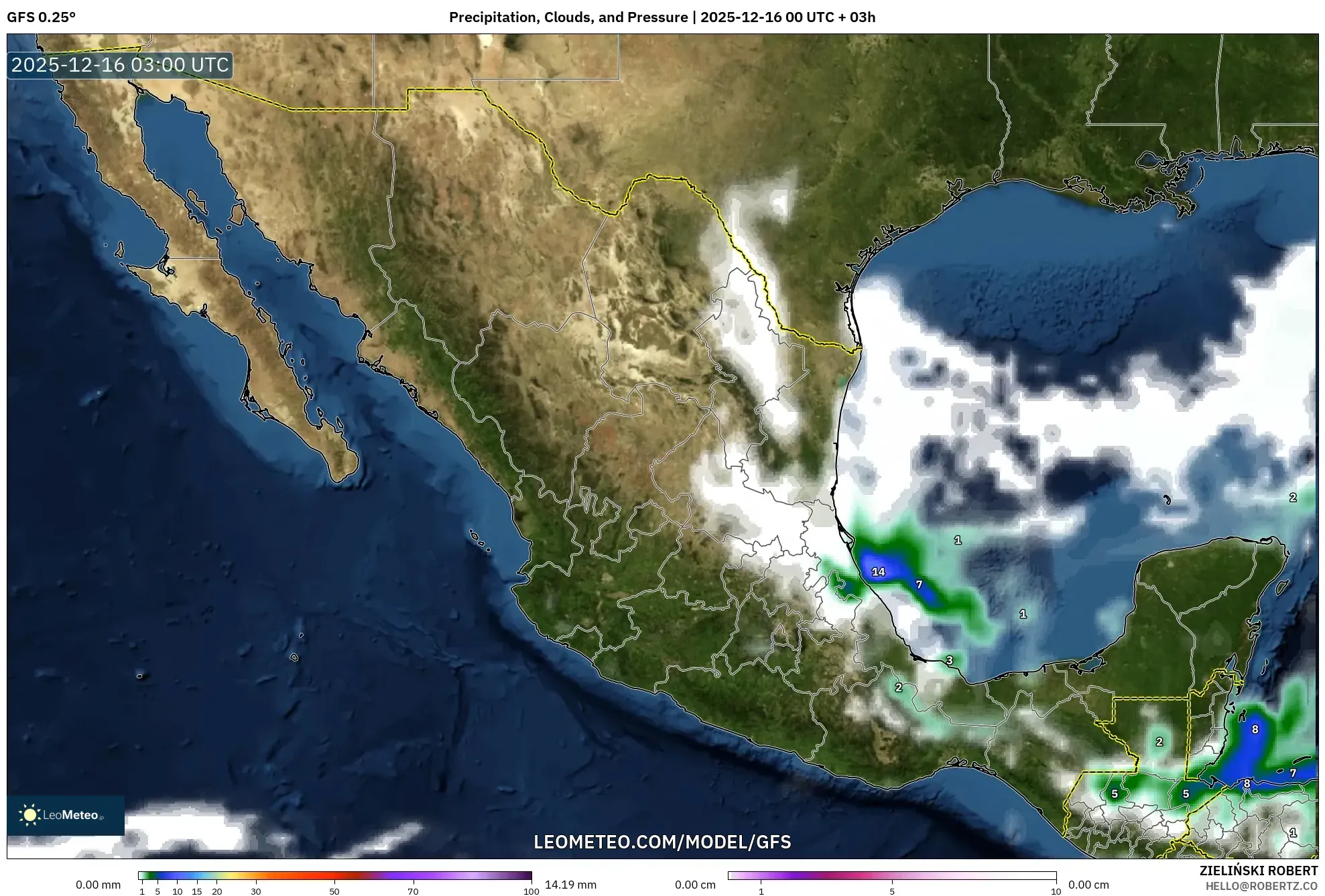 GFS model - Mexico, Precipitation, Clouds, and Pressure