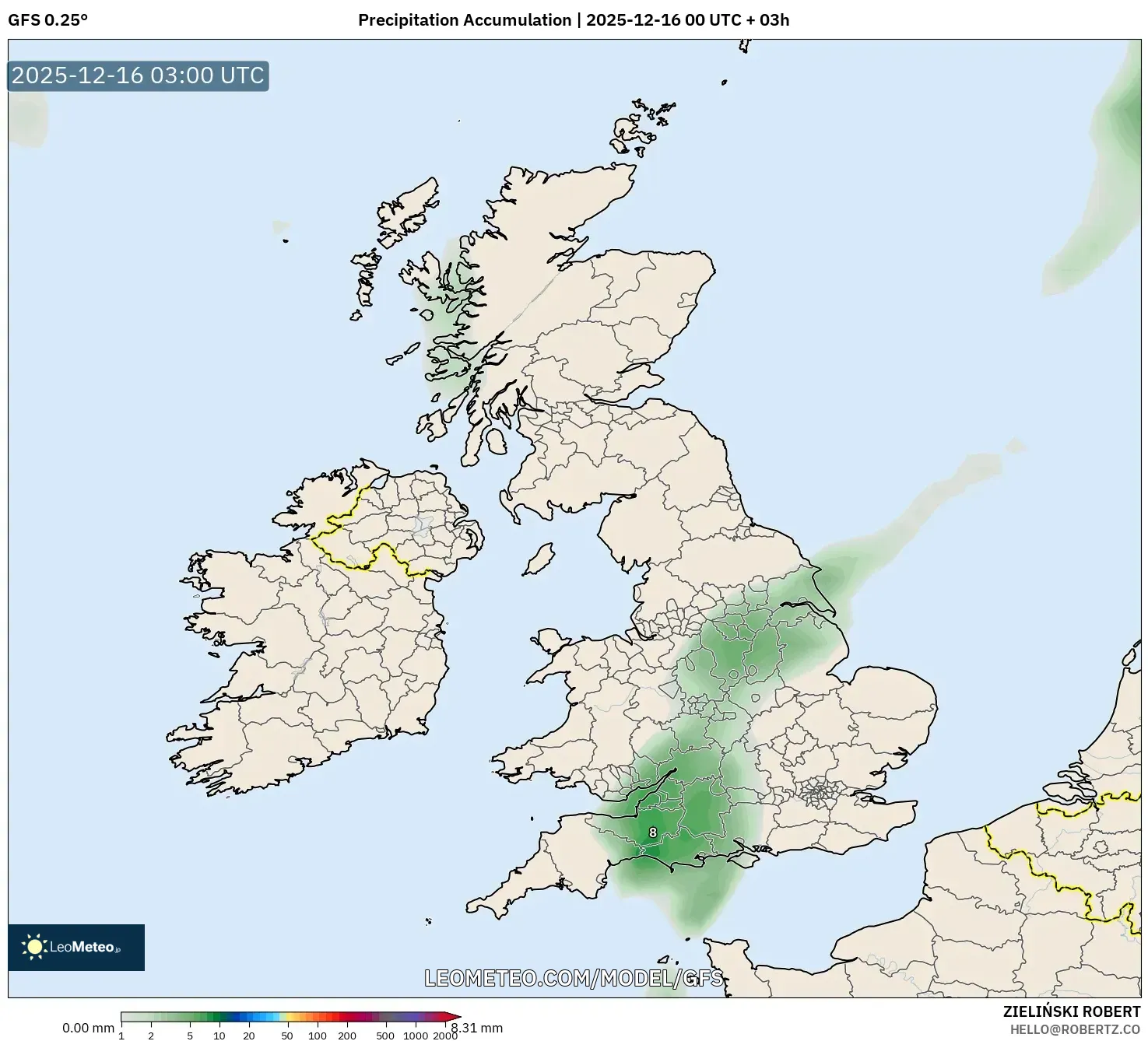 GFS model - United Kingdom, Precipitation Accumulation