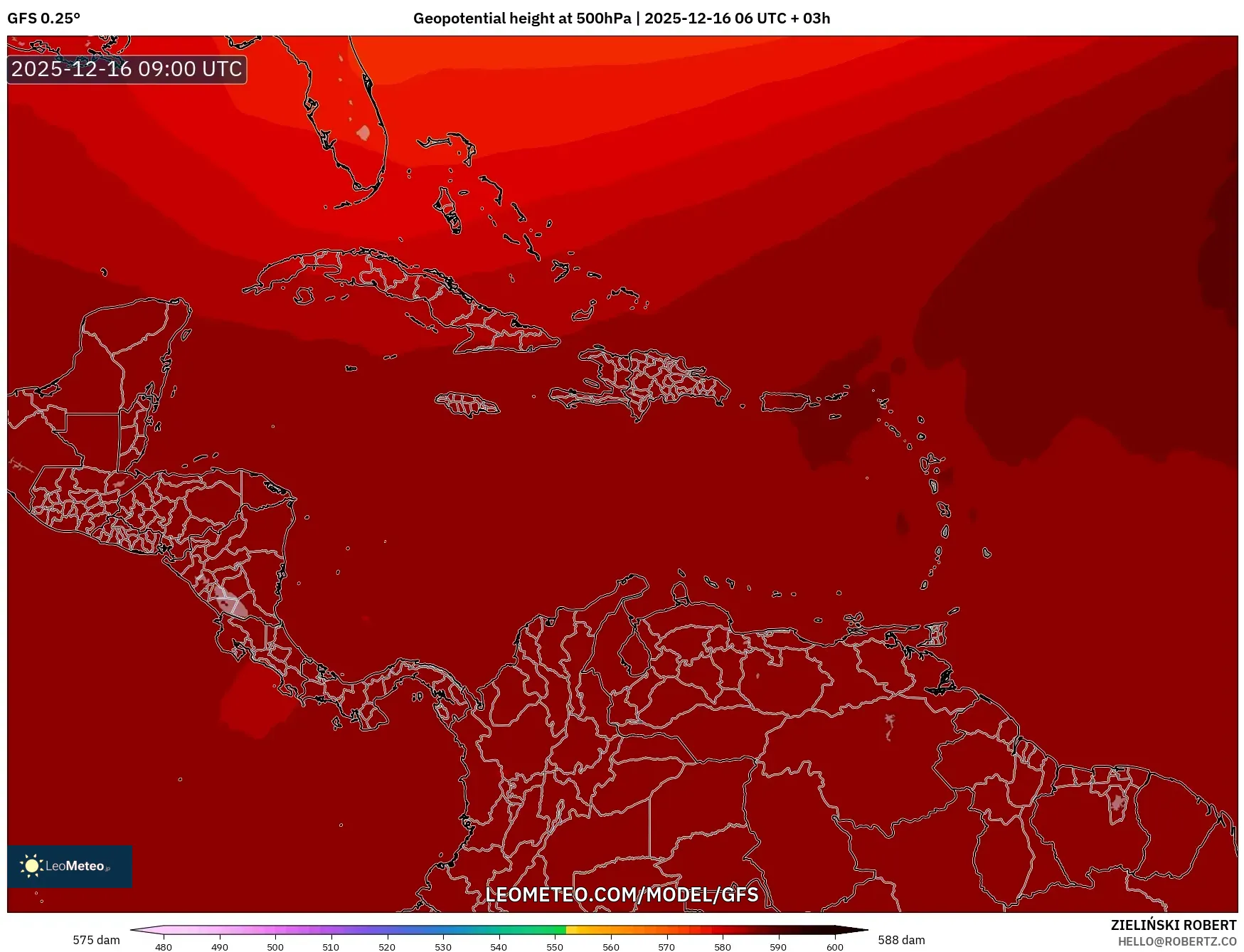 GFS model - Caribbean, Geopotential height at 500hPa