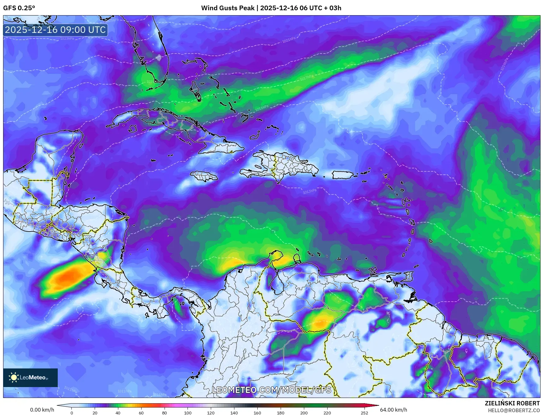 GFS model - Caribbean, Wind Gusts Peak