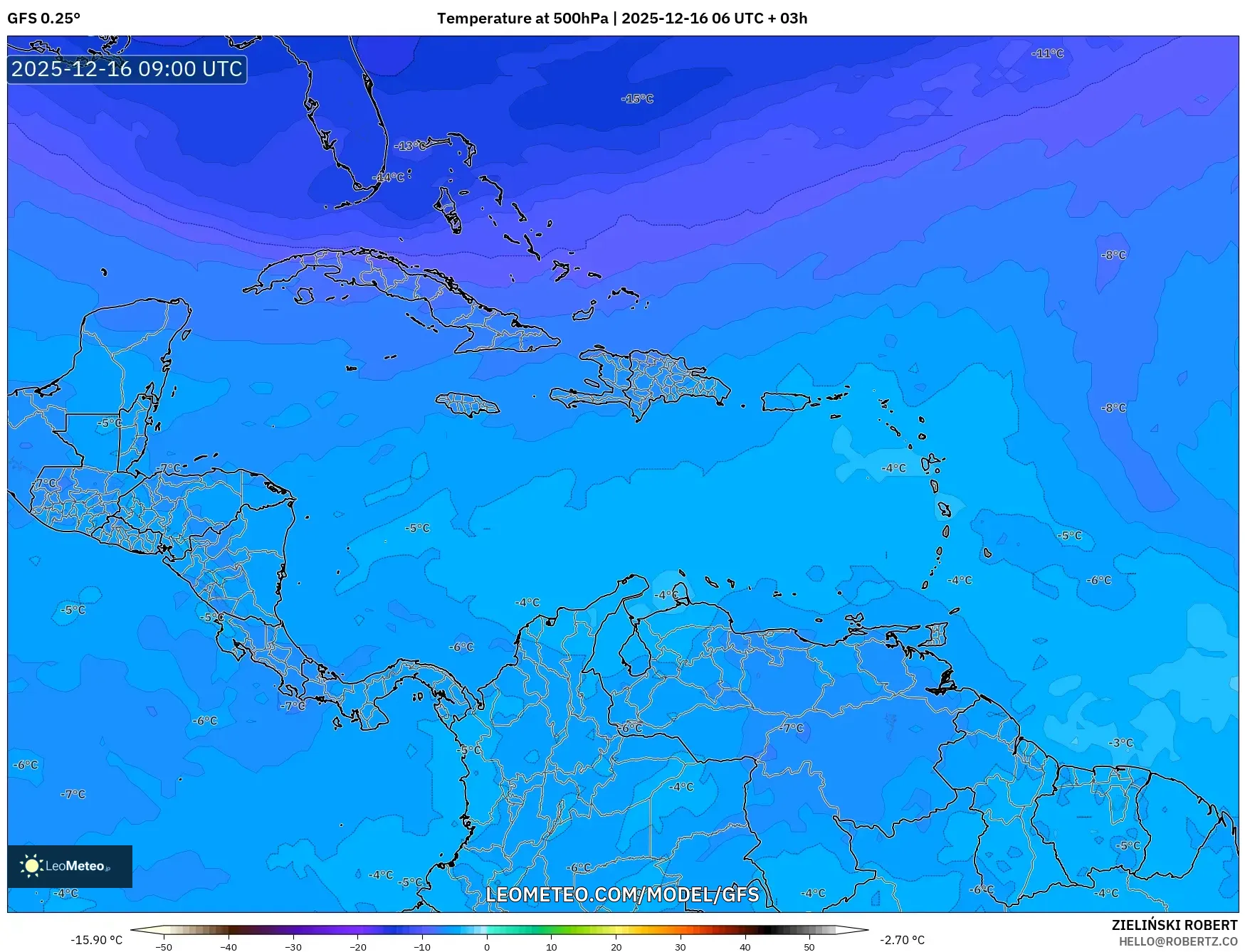 GFS model - Caribbean, Temperature at 500hPa