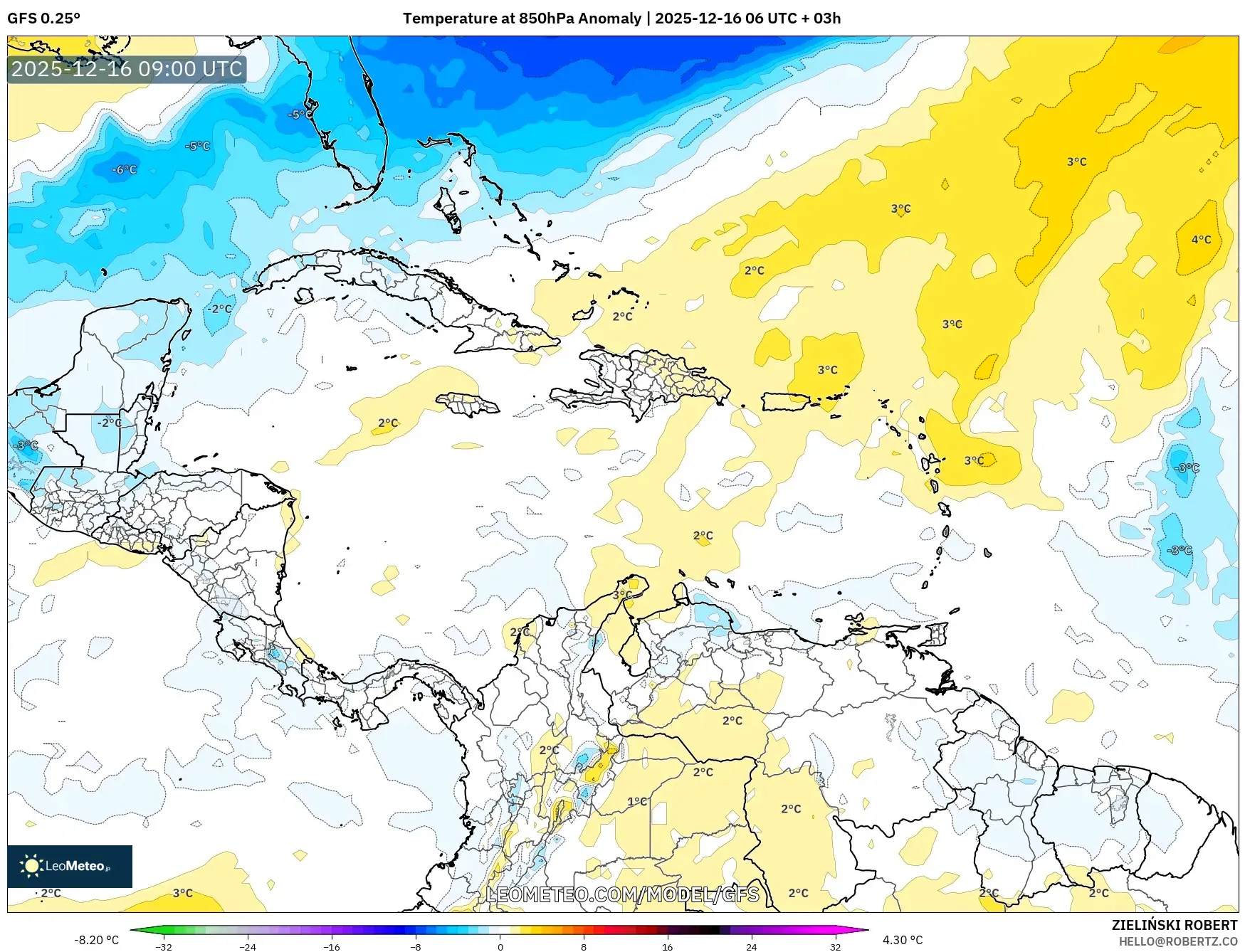 GFS model - Caribbean, Temperature at 850hPa Anomaly