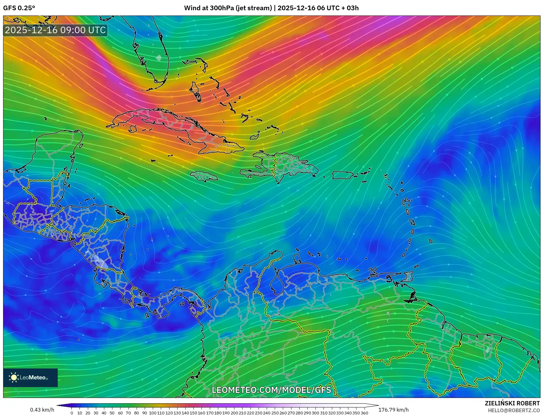 GFS model - Caribbean, Wind at 300hPa (jet stream)